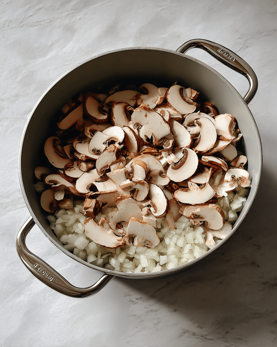 A light gray pot with silver handles holds a mixture of two layers: the bottom layer is small white chopped onions with a slightly translucent texture, and on top are thin slices of brown mushrooms showing light gills and smooth caps. The pot is placed on a white marbled surface. photo taken with an iphone --ar 4:5 --v 7