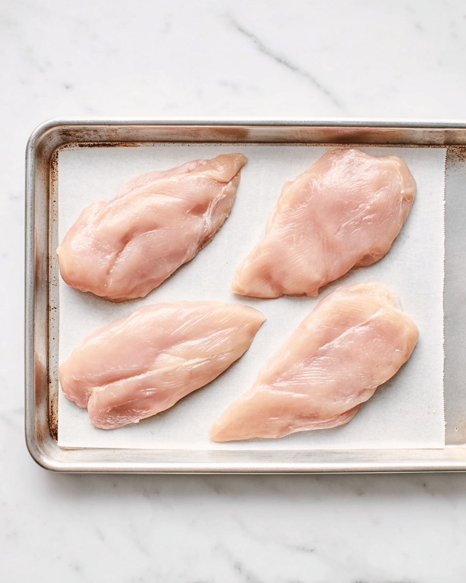 A metal baking tray lined with white parchment paper holds four raw, pale pink chicken fillets, each lying flat and spaced evenly apart with two fillets on the top row and two on the bottom row. The tray is placed on a white marbled surface, which adds a clean and bright backdrop to the image. The textures of the chicken fillets look smooth and fresh with slight natural lines and a moist appearance. photo taken with an iphone --ar 4:5 --v 7