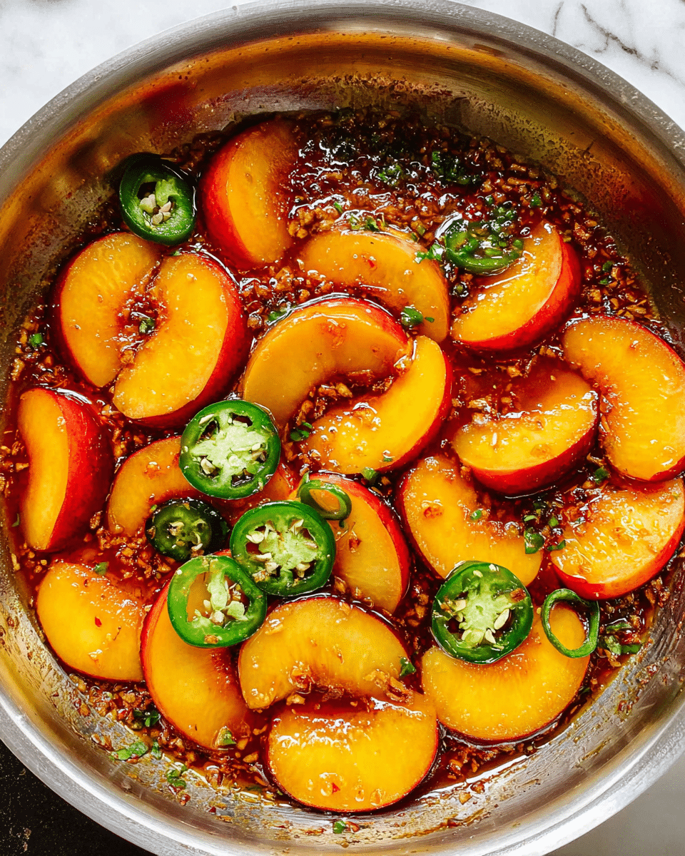 A metal pan contains one layer of bright orange peach slices with red edges, scattered throughout with thin slices of green jalapeño peppers seen on top and between the peach slices. The pan shows bubbling reddish-brown liquid sauce with bits of garlic and herbs, giving a shiny texture on the fruit and sauce. The background shows a white marbled texture. Photo taken with an iphone --ar 4:5 --v 7