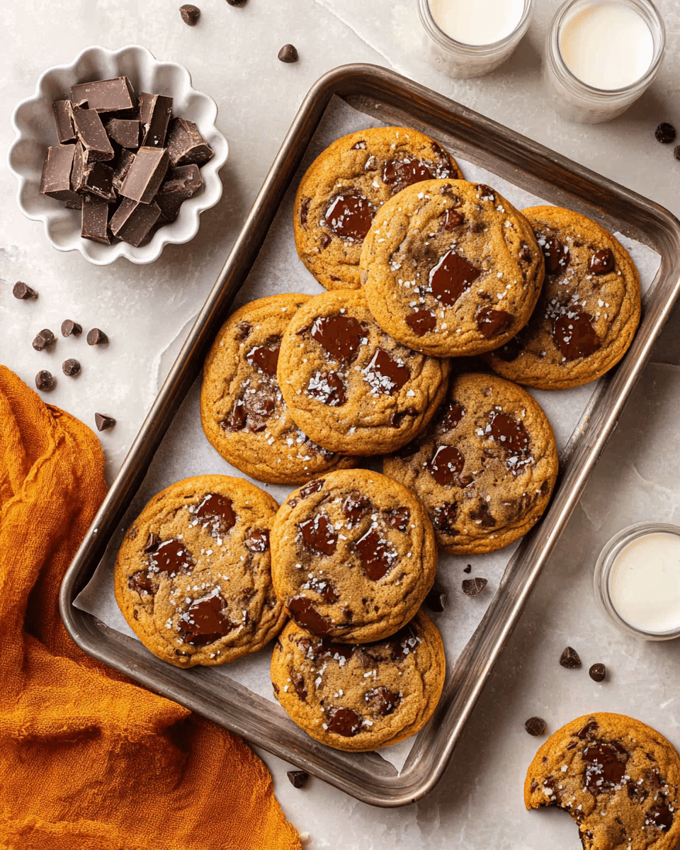 A metal tray lined with parchment paper holds nine round golden-brown cookies with unevenly melted dark chocolate chunks and chocolate chips scattered on top, some sprinkled with coarse sea salt. In the top left corner of the tray is a small white scalloped bowl filled with various sized dark chocolate pieces. The tray sits on a white marbled surface with scattered chocolate chips. Two glasses of milk with white contents are partially visible on the top right. An orange cloth is on the bottom left, and a broken cookie with melted chocolate is on the bottom right edge of the image. photo taken with an iphone --ar 4:5 --v 7
