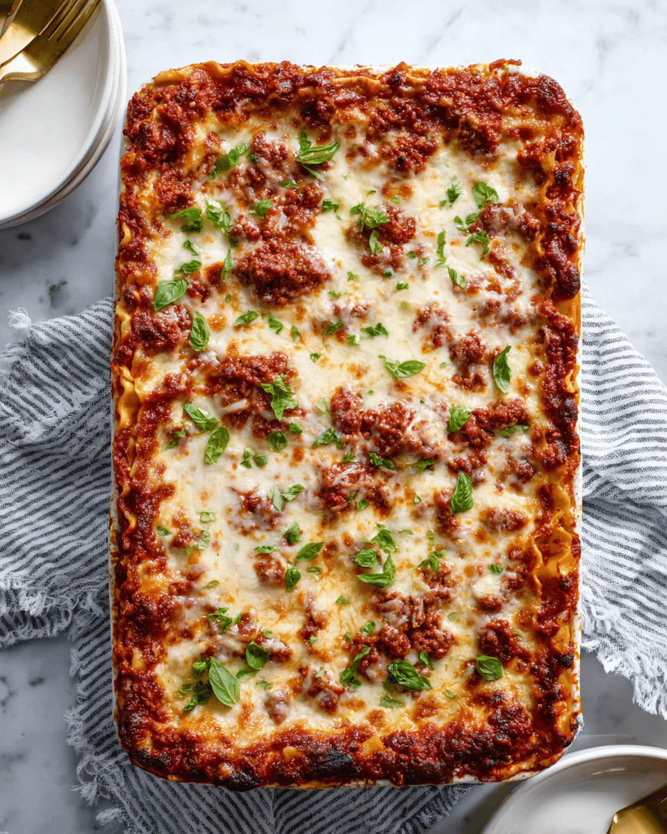 A rectangular lasagna sits on a striped cloth over a white marbled surface. It has three main layers visible: the bottom layer with flat pasta sheets, a rich red meat sauce layer in the middle with small browned meat chunks, and a thick top layer of melted mozzarella cheese that is bubbly and golden in some parts. Small green basil leaves are scattered across the cheese, adding fresh green spots. The edges of the lasagna show slightly browned and crispy bits of cheese and sauce. Two white plates with gold forks are partially visible in the top left corner. Photo taken with an iphone --ar 4:5 --v 7