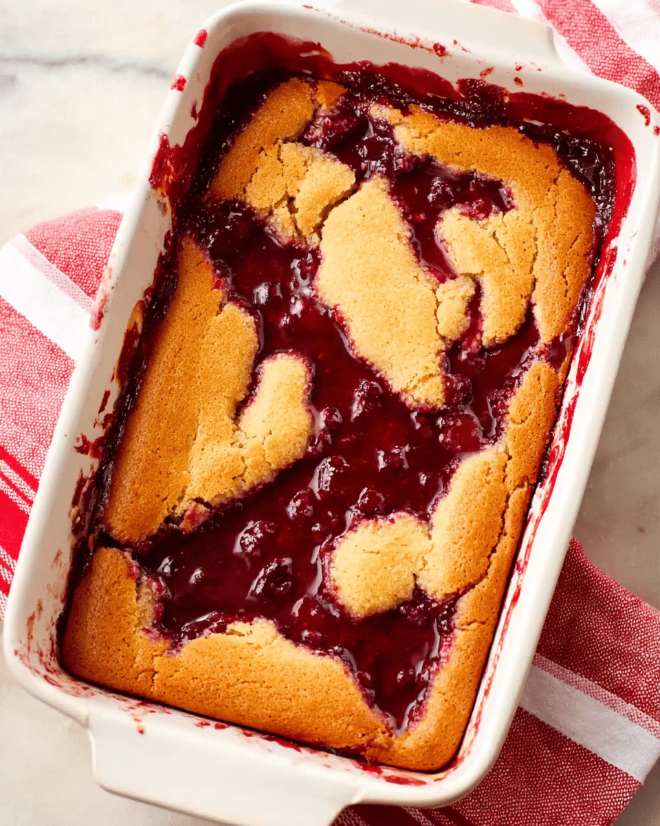 A rectangular white dish with a baked dessert showing a light golden brown crust on top. The crust is cracked in several places, revealing a deep red, glossy berry filling with a jam-like texture peeking through the cracks and spreading unevenly. The filling appears thick and slightly shiny, contrasting with the matte, softly baked crust. The dish is placed on a white marbled surface with a red and white striped cloth partly visible underneath one side. photo taken with an iphone --ar 4:5 --v 7