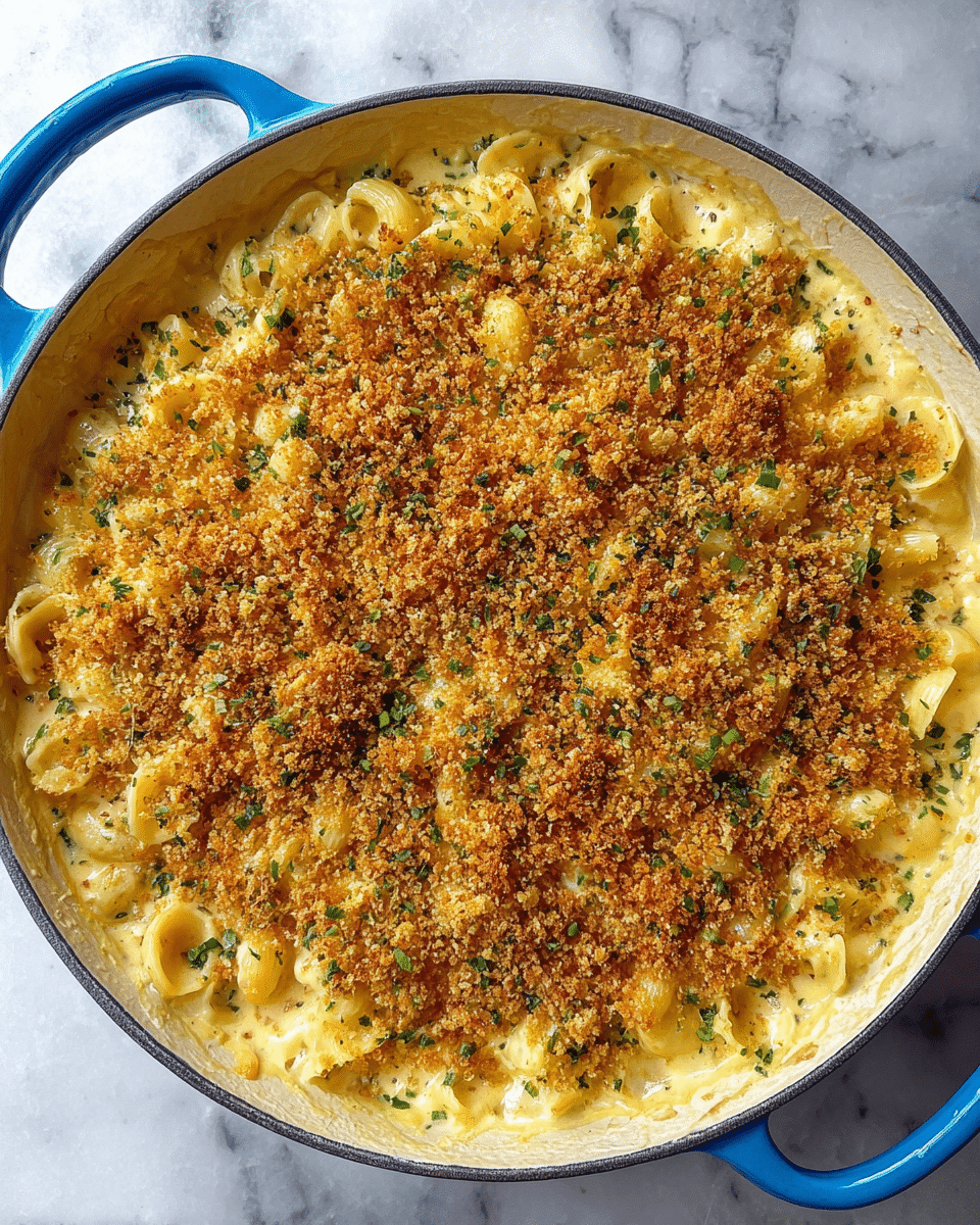 A round blue pot filled with creamy yellow macaroni and cheese topped with a thick, even layer of golden brown crispy breadcrumbs with small bits of green herbs scattered throughout. The creamy cheese sauce is visible along the edges under the breadcrumb topping, and some cooked onions can be seen peeking through. The pot is placed on a white marbled surface. photo taken with an iphone --ar 4:5 --v 7