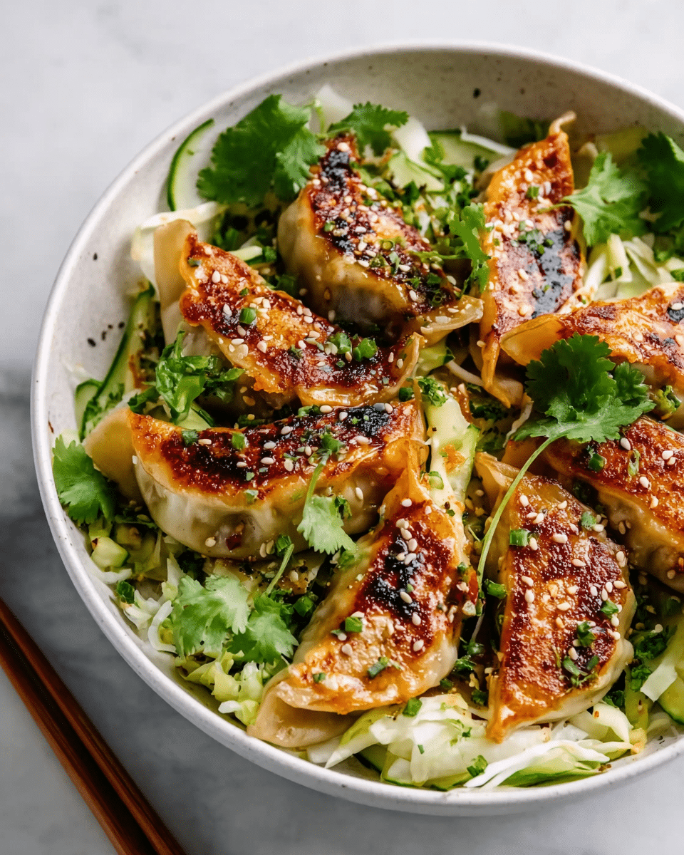 A round white bowl is filled with several golden-brown pan-fried dumplings arranged on top of a bed of shredded light green cabbage and cucumber slices around the edges. The dumplings have a slightly crispy texture with some darker brown spots and are sprinkled with white sesame seeds and chopped green herbs. Bright green fresh cilantro leaves are scattered on top, adding a fresh look. The bowl is placed on a white marbled surface with chopsticks nearby. Photo taken with an iphone --ar 4:5 --v 7