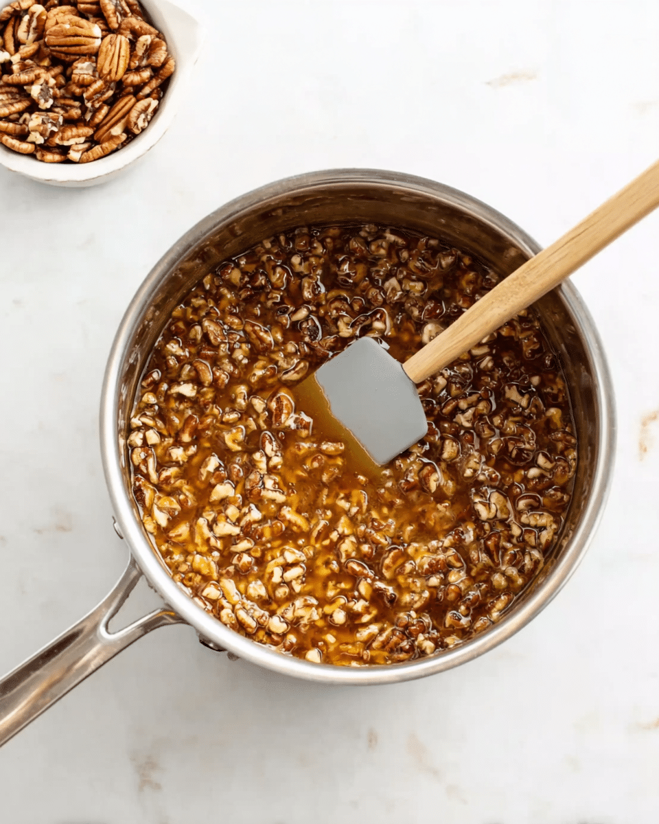 A shiny silver pot sits on a white marbled surface, filled with a thick mixture of chopped pecans in a golden-brown syrup. A light gray spatula with a smooth texture is resting inside the pot, partially submerged in the sticky mixture, stirring the nuts evenly distributed throughout the glossy syrup. In the top left corner, a white bowl holds a small pile of whole pecans, adding context to the ingredients. The scene is bright and clean, focusing on the rich, textured nut mixture. photo taken with an iphone --ar 4:5 --v 7