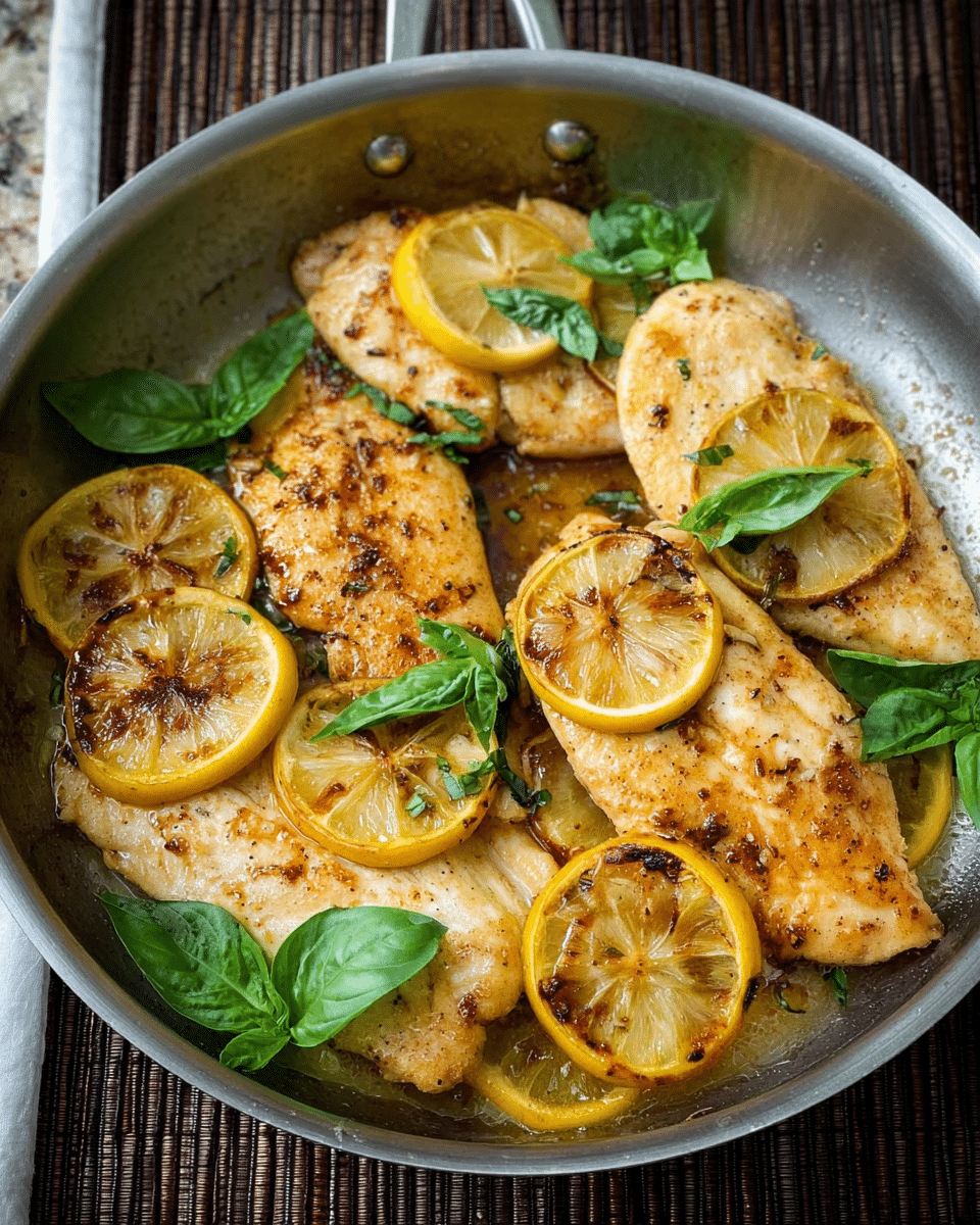 A silver pan holds five cooked golden-brown chicken fillets, each with a slightly crispy texture and light grill marks. Between and on top of the chicken pieces are several cooked lemon slices showing a soft, browned surface with visible seeds. Fresh green basil leaves are scattered over the chicken and lemons, adding a bright contrast. The pan is placed on a black and natural woven textured surface, creating a warm, rustic feel. photo taken with an iphone --ar 4:5 --v 7