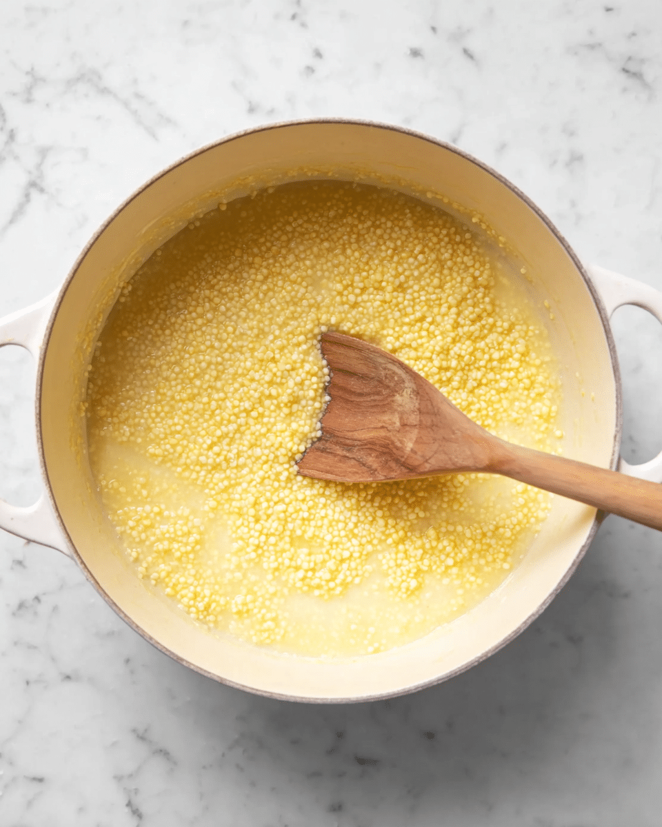 A single layer of soft, small yellow grains cooked in a creamy liquid sits inside a white pot with a light beige interior. A smooth wooden spoon with a rounded edge is placed partly inside the pot, stirring the mixture, showing a mix of textures from smooth creaminess to tiny, round grains. The pot is set on a white marbled surface with subtle grey veins. photo taken with an iphone --ar 4:5 --v 7