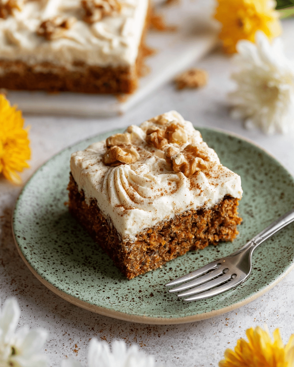 A single square piece of carrot cake sits centered on a white plate with a speckled green texture. The bottom layer is a moist, dense, brown cake with visible bits of carrot and nuts. On top is a thick, creamy white frosting layer, swirled with soft peaks and sprinkled lightly with brown cinnamon or spice powder. Several walnut halves are scattered evenly on the frosting. A silver fork lies next to the cake on the plate. The background shows part of the remaining cake with the same layered texture on a white marbled surface, and white and yellow flowers are arranged around the plate. Photo taken with an iphone --ar 4:5 --v 7