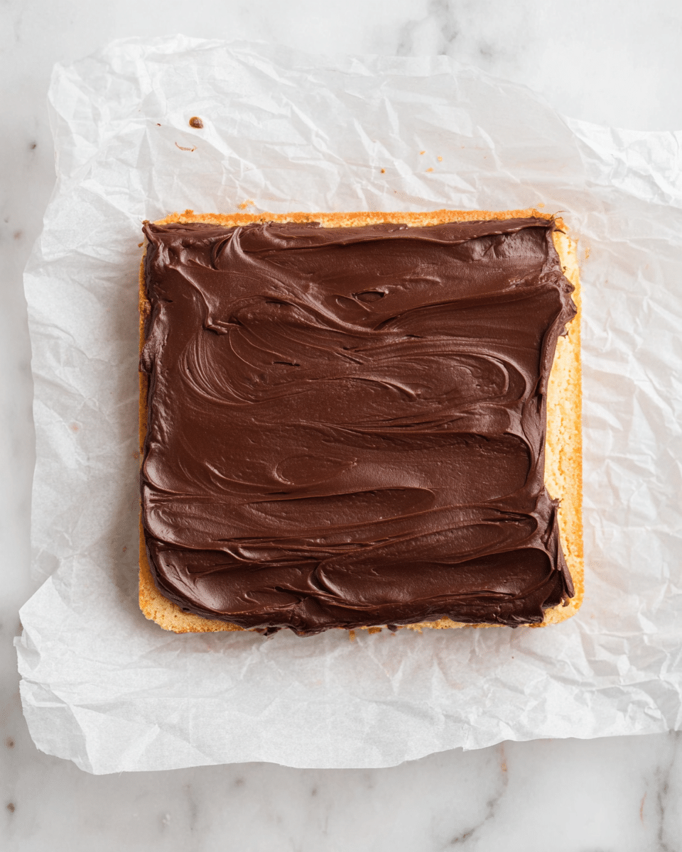 A square dessert with two visible layers sits on crumpled white parchment paper over a white marbled surface. The bottom layer is golden brown and appears soft and slightly crumbly, while the top layer is thick, smooth, and dark brown chocolate that is spread evenly with visible swirling patterns. The edges of the dessert are slightly uneven, and the chocolate layer has a creamy, glossy texture with some gentle waves. Photo taken with an iphone --ar 4:5 --v 7