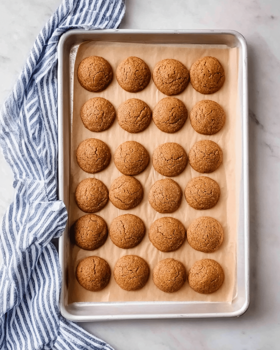 A white baking tray filled with 20 round cookies arranged in 4 rows and 5 columns. The cookies are golden brown with a slightly rough texture and some small darker spots, showing that they are baked. The tray has a parchment paper with light brown patterns underneath the cookies. A striped towel with blue and white lines is placed partially under the top left side of the tray. The surface beneath everything is white marble. photo taken with an iphone --ar 4:5 --v 7