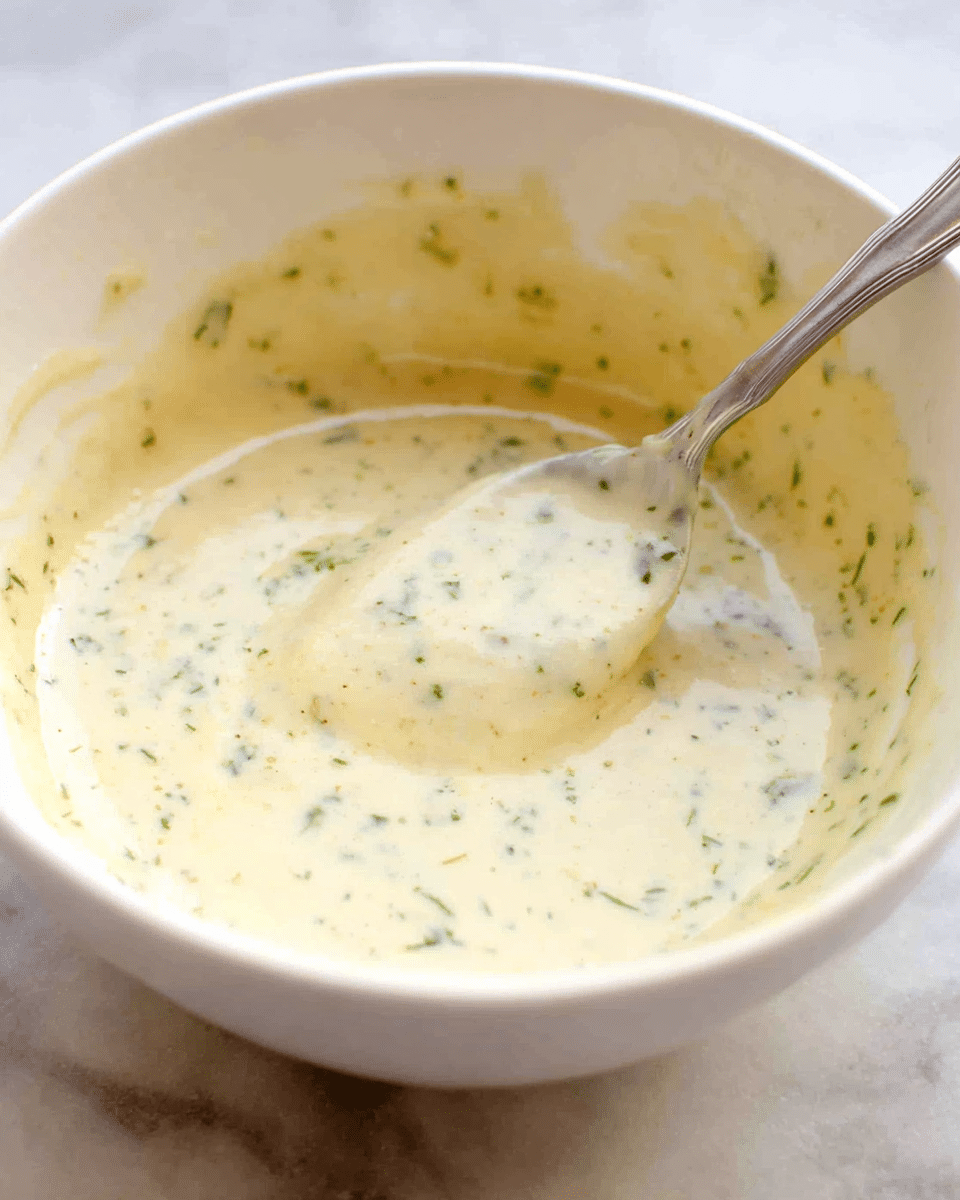 A white bowl filled with a thick, creamy sauce that is pale yellow with small green herb pieces scattered throughout. A silver spoon dips into the sauce, showing its smooth and slightly chunky texture. The bowl rests on a white marbled surface, and the sauce coats the sides of the bowl unevenly. photo taken with an iphone --ar 4:5 --v 7