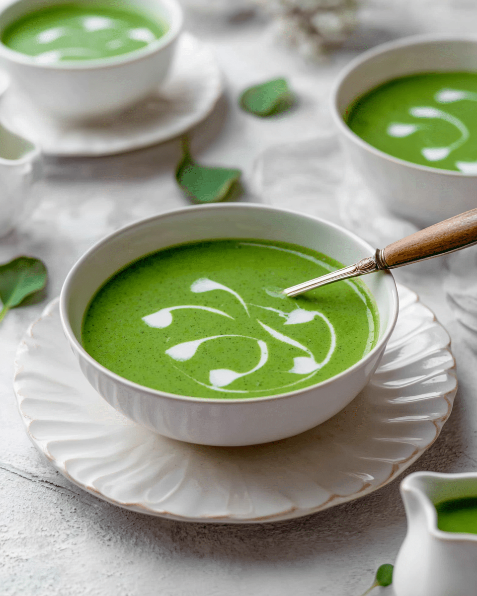 A white bowl filled with bright green creamy soup sits on a white scalloped plate, both resting on a white marbled surface. The soup has a smooth texture with a decorative swirl of white cream on top, creating small heart-like shapes along a curved line. A silver spoon with a wooden handle rests inside the bowl, partially submerged in the soup. In the soft-focused background, there are more white bowls with the same green soup and a small white jug, with scattered green leaves around. The scene has soft natural light and gentle shadows. photo taken with an iphone --ar 4:5 --v 7