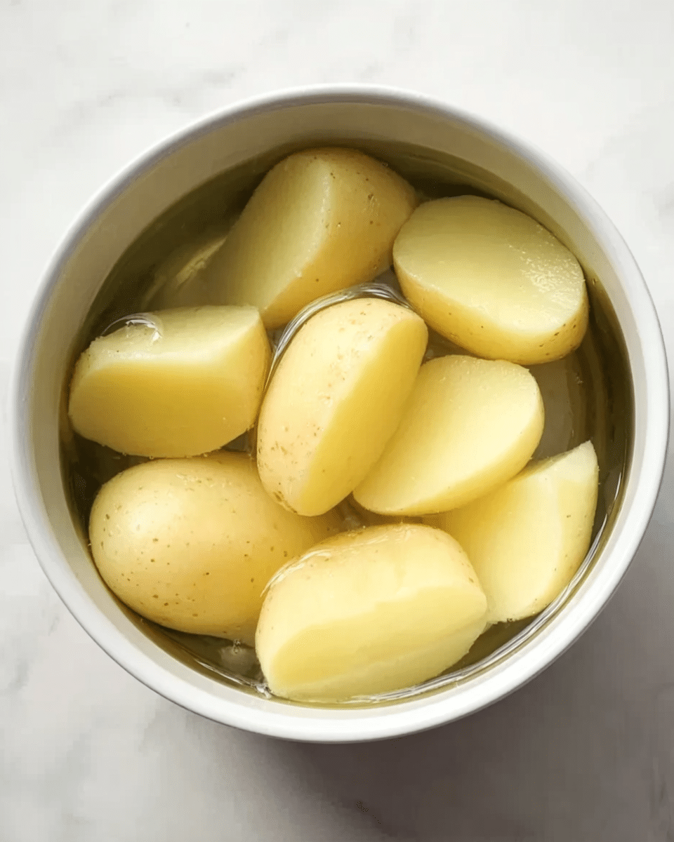 A white bowl filled with several large, peeled potato pieces soaked in water. The potatoes are light yellow and cream in color with smooth textures. The water covers the potatoes, creating a clear, shiny surface in the bowl. The bowl is placed on a white marbled surface. photo taken with an iphone --ar 4:5 --v 7