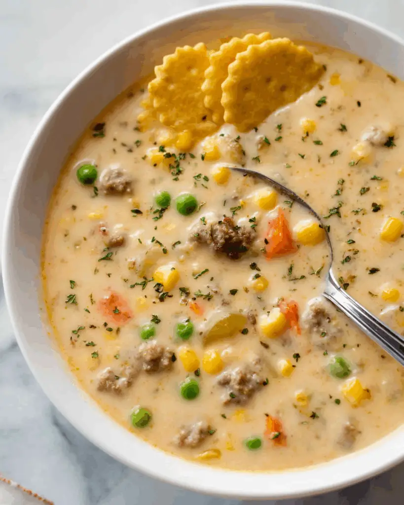 Creamy Shepherd’s Pie Soup with Ground Beef, Mashed Potatoes, and Cheddar Recipe