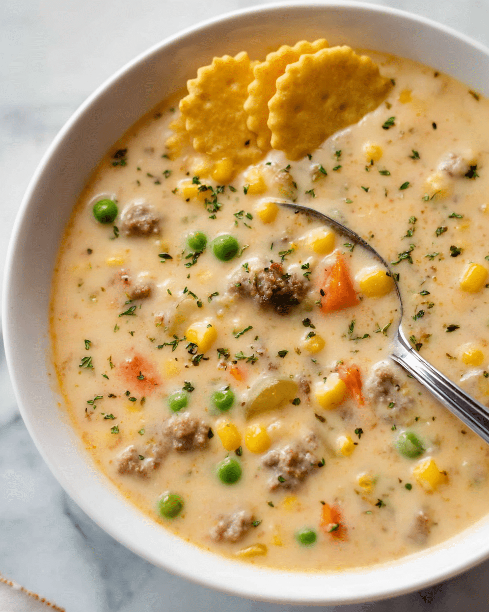 Creamy Shepherd's Pie Soup with Ground Beef, Mashed Potatoes, and Cheddar Recipe