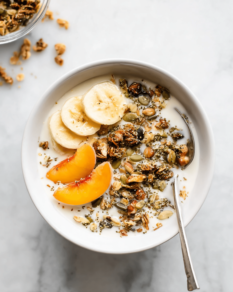 A white bowl sits on a white marbled surface, filled with a creamy white liquid base. On top, there are three light yellow banana slices layered close to the center, with one bright orange peach slice positioned next to them. Scattered all over the surface of the liquid are clusters of granola made of various seeds and nuts, giving a rough texture and brownish-green color tones. A silver spoon is placed inside the bowl on the right side. Photo taken with an iphone --ar 4:5 --v 7