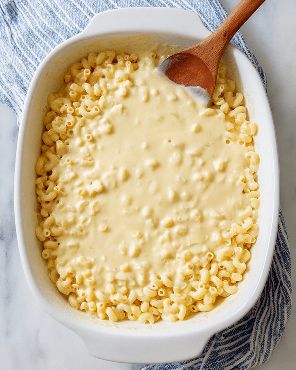 A white rectangular baking dish filled with two visible layers: the bottom layer consists of small, pale yellow elbow macaroni noodles, and the top layer is a smooth, light yellow, frothy cheese sauce covering most of the noodles. A wooden spoon with a smooth texture is partially submerged in the dish, stirring the cheese sauce on the left side. The dish sits on a white marbled surface with a blue and white striped cloth nearby. photo taken with an iphone --ar 4:5 --v 7