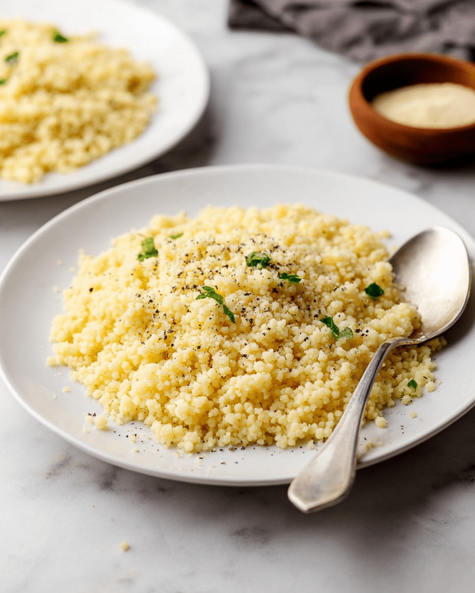 A white plate holds a mound of small, round yellow couscous grains cooked soft and fluffy, topped with small green parsley pieces and a sprinkling of black pepper across the surface. A silver spoon rests on the right side of the plate, partially scooping the couscous. In the background, there is another white plate with more couscous and a small brown bowl containing a light-colored powder, all set on a white marbled surface. Photo taken with an iphone --ar 4:5 --v 7
