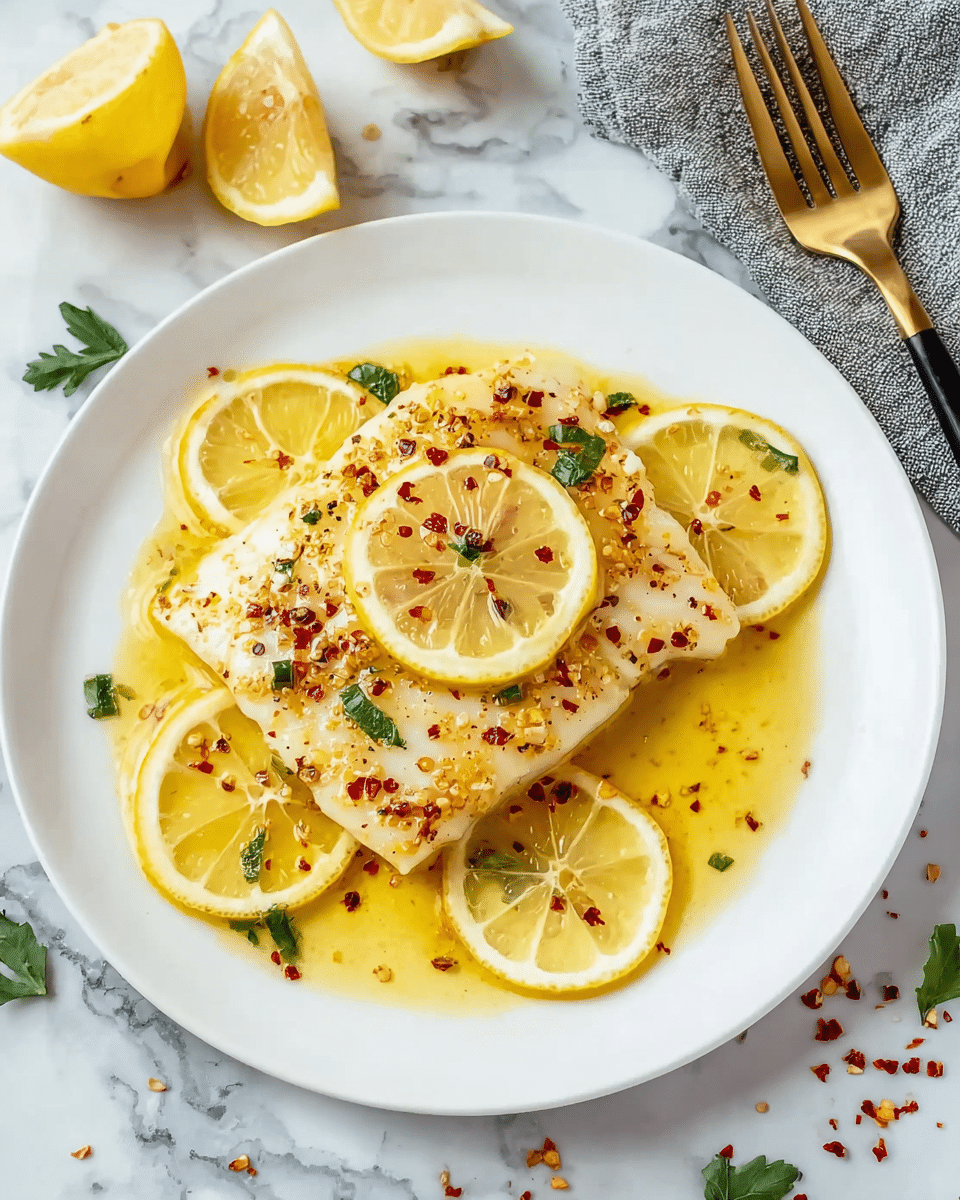 A white plate holds a piece of light golden cooked fish topped with a thin lemon slice and sprinkled with red chili flakes and small green herb pieces. The fish sits in a thin pool of yellow oily sauce. Around the fish are three lemon slices arranged on the plate. The plate is set on a white marbled surface, with three lemon wedges and red chili flakes scattered nearby. A gold fork with a black handle and a grey cloth napkin are visible in the top right corner. Photo taken with an iphone --ar 4:5 --v 7