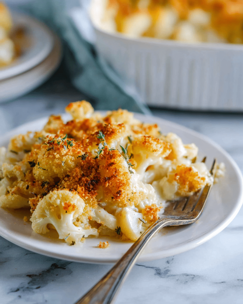 A white plate holds a serving of baked cauliflower gratin with three visible layers: a bottom layer of soft white cauliflower florets, a middle layer of creamy white cheese sauce, and a top layer of golden brown crispy breadcrumb topping with a slightly rough texture and some herbs sprinkled on top. A silver fork rests on the plate beside the gratin. The background includes a blurred white marbled surface and a white dish filled with more gratin. photo taken with an iphone --ar 4:5 --v 7