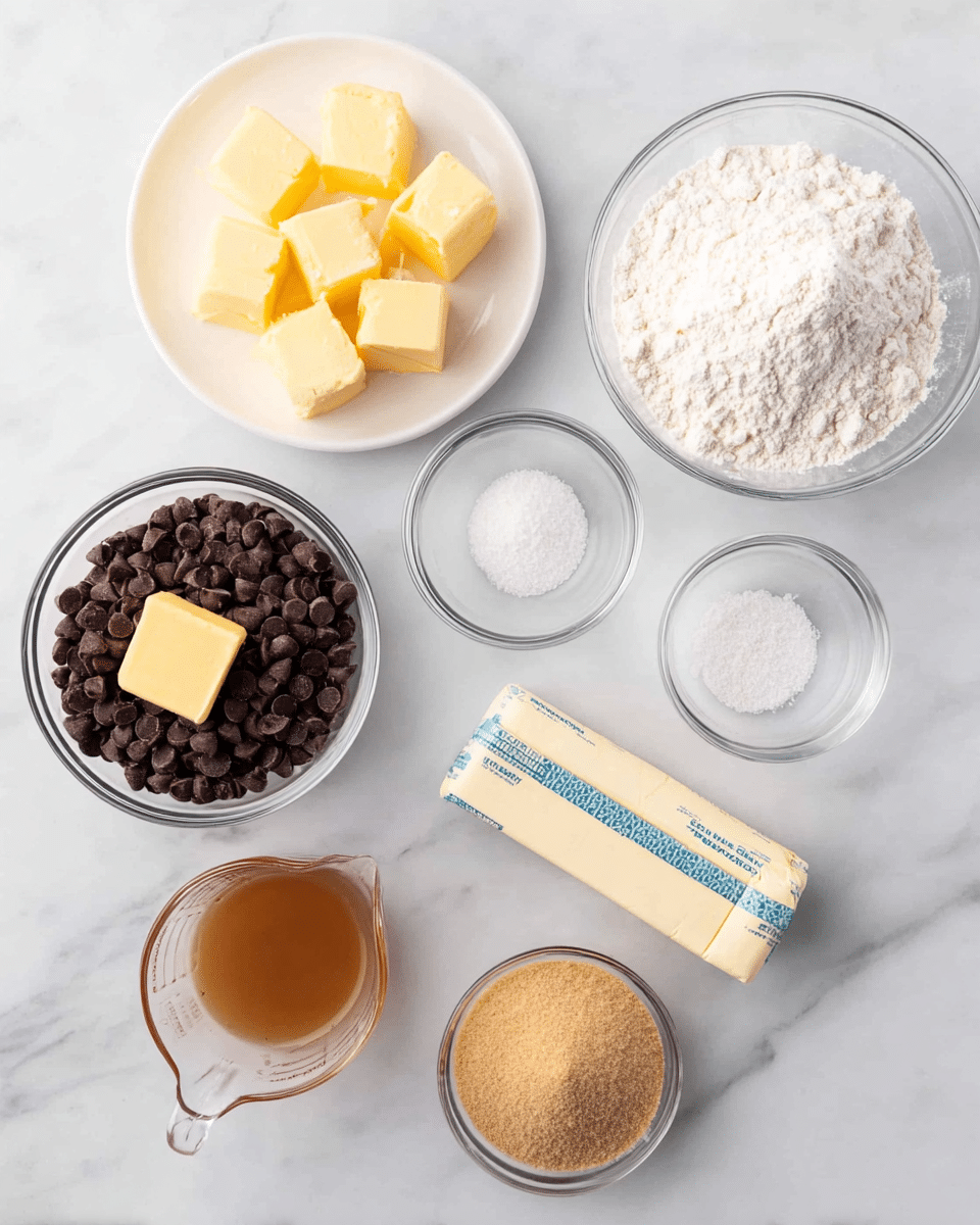 A white plate with six small yellow butter cubes is on the top left, next to a clear glass bowl filled with white flour on the top right. Below the flour, a smaller clear glass bowl has white granulated sugar. Below the butter cubes on the left side, there is a small clear glass bowl with a clear liquid. In the center, a larger clear glass bowl holds dark brown chocolate chips with a small piece of yellow butter on top. To the right of the chocolate chips, a stick of butter with blue and white wrapping lies on the white marbled surface. Near the bottom left, a clear glass measuring cup contains a light brown liquid. To the right of this cup, a small clear glass bowl is filled with light brown sugar. All items are placed on a white marbled background. Photo taken with an iphone --ar 4:5 --v 7