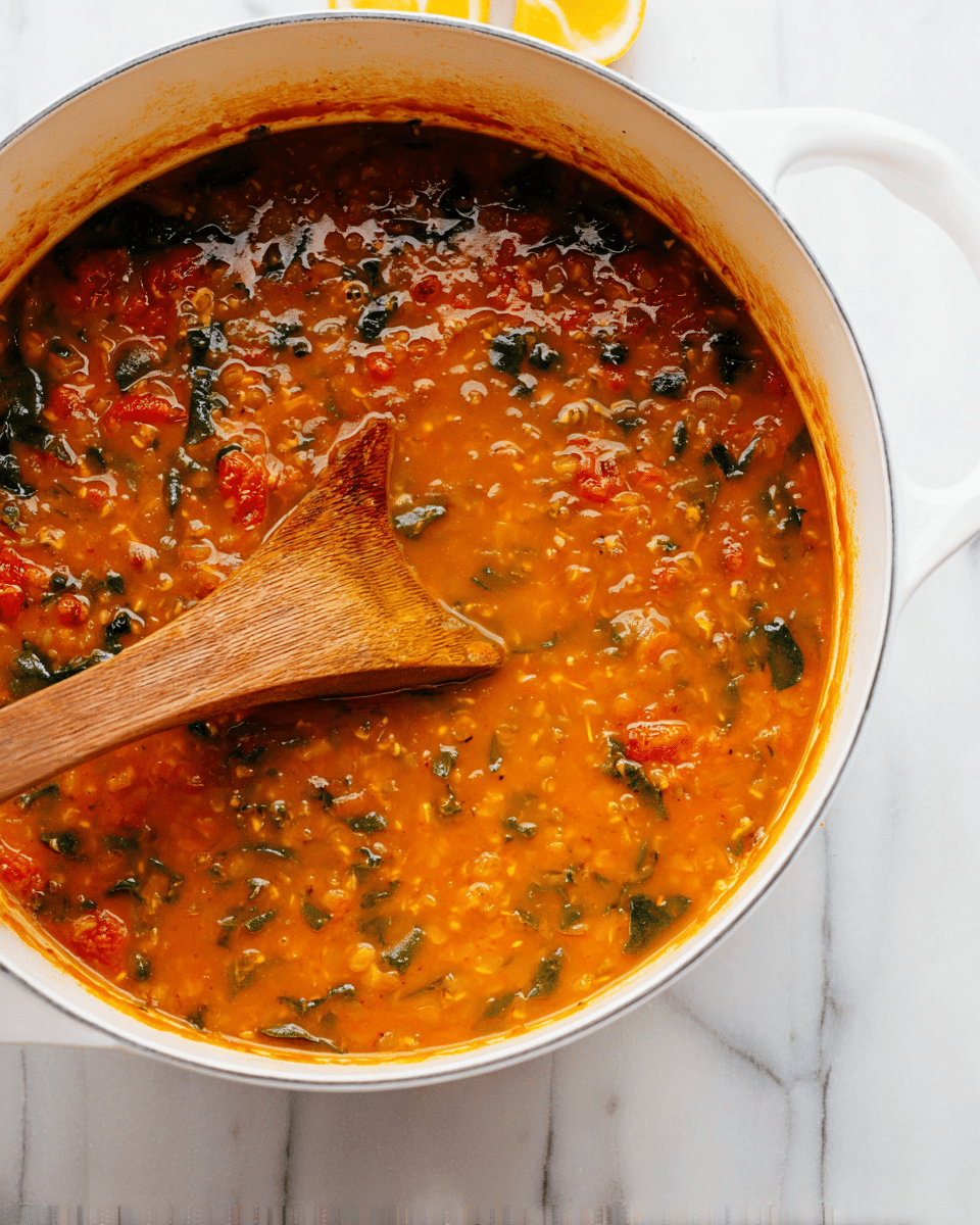 A white pot filled with thick orange-brown soup that has chunks of red tomatoes, green leafy pieces, and small bits of vegetables and grains spreading evenly throughout. Inside the soup, a wooden spoon is partially dipped, showing the mix of textures and colors with a warm, hearty look. The pot sits on a white marbled surface that contrasts softly with the rich soup colors, and in the background, small yellow lemon wedges peek out, adding a fresh touch. photo taken with an iphone --ar 4:5 --v 7
