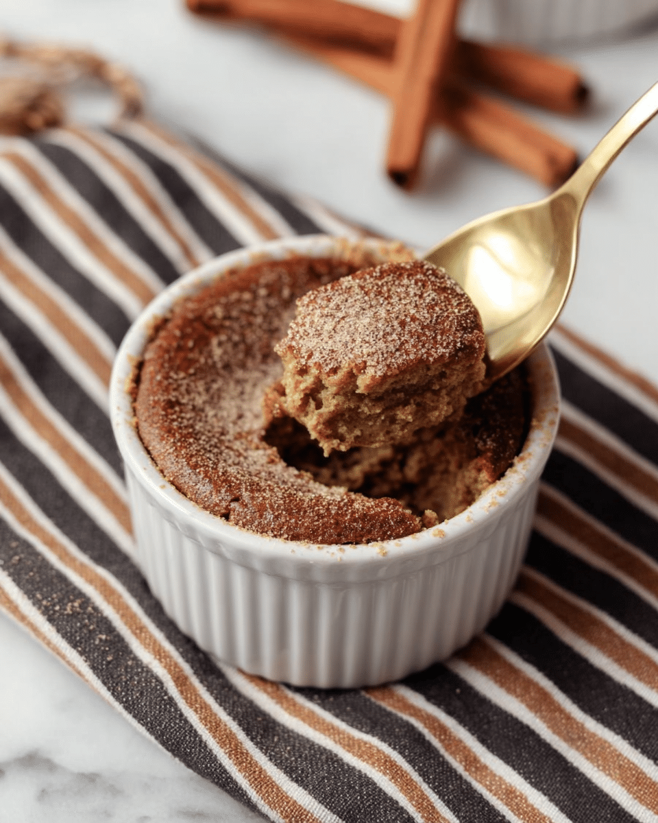 A white ramekin holds a baked dessert with a rough, cracked brown top layer sprinkled with a light dusting of powder. A golden spoon lifts a thick, soft scoop of the dessert, showing a slightly lighter, moist inside texture. The ramekin sits on a cloth with wide stripes in brown, black, and white, all placed on a white marbled surface with blurred cinnamon sticks in the background. Photo taken with an iphone --ar 4:5 --v 7