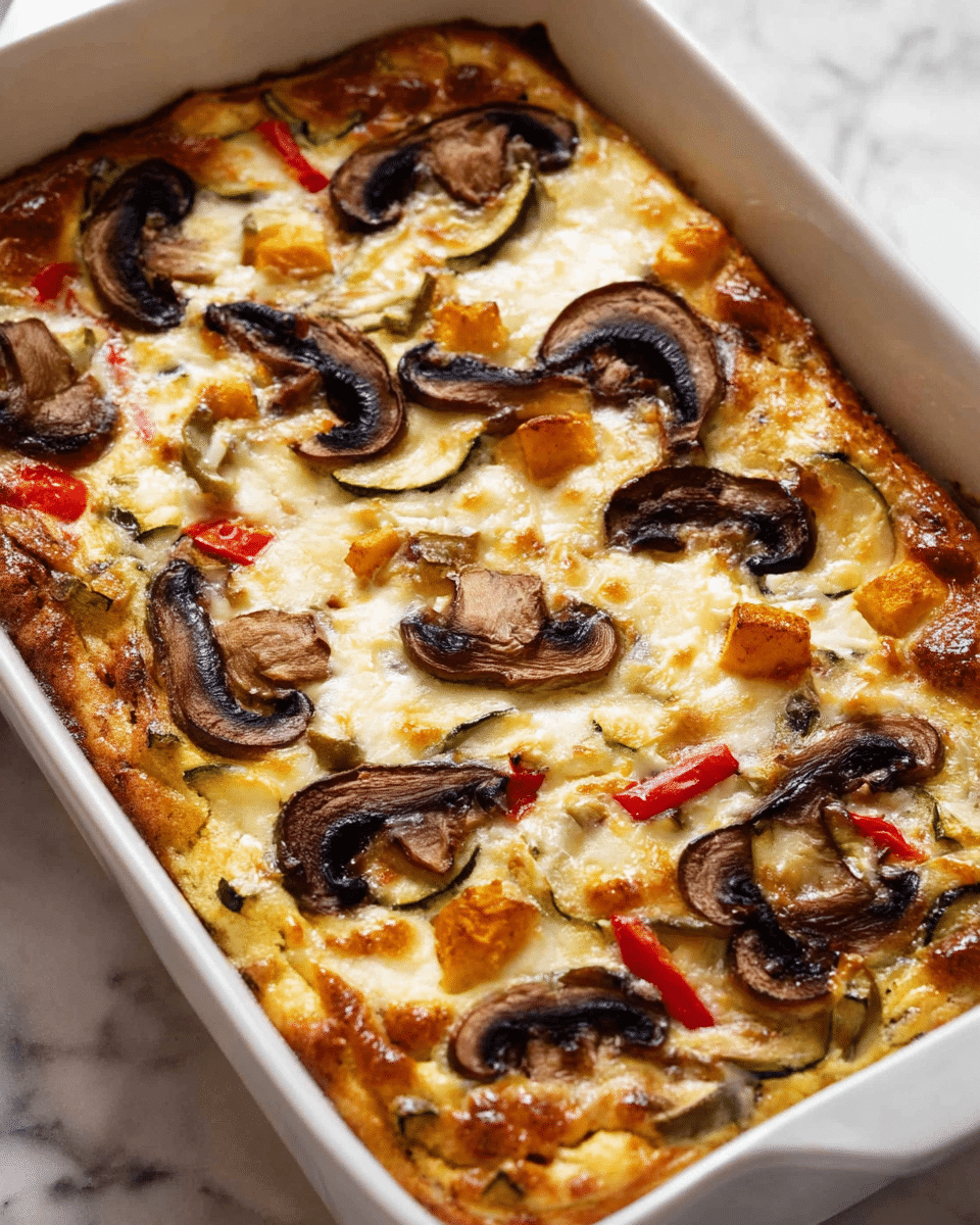 A white rectangular ceramic dish holds a baked casserole with a golden, slightly browned top layer of melted cheese. Large, dark brown mushroom slices are spread evenly on the surface, with some red pepper strips and small green zucchini pieces mixed inside. There are also small orange cube pieces, likely roasted vegetables, scattered throughout. The casserole's texture looks soft and fluffy beneath the browned cheese layer. The background is a white marbled surface. photo taken with an iphone --ar 4:5 --v 7