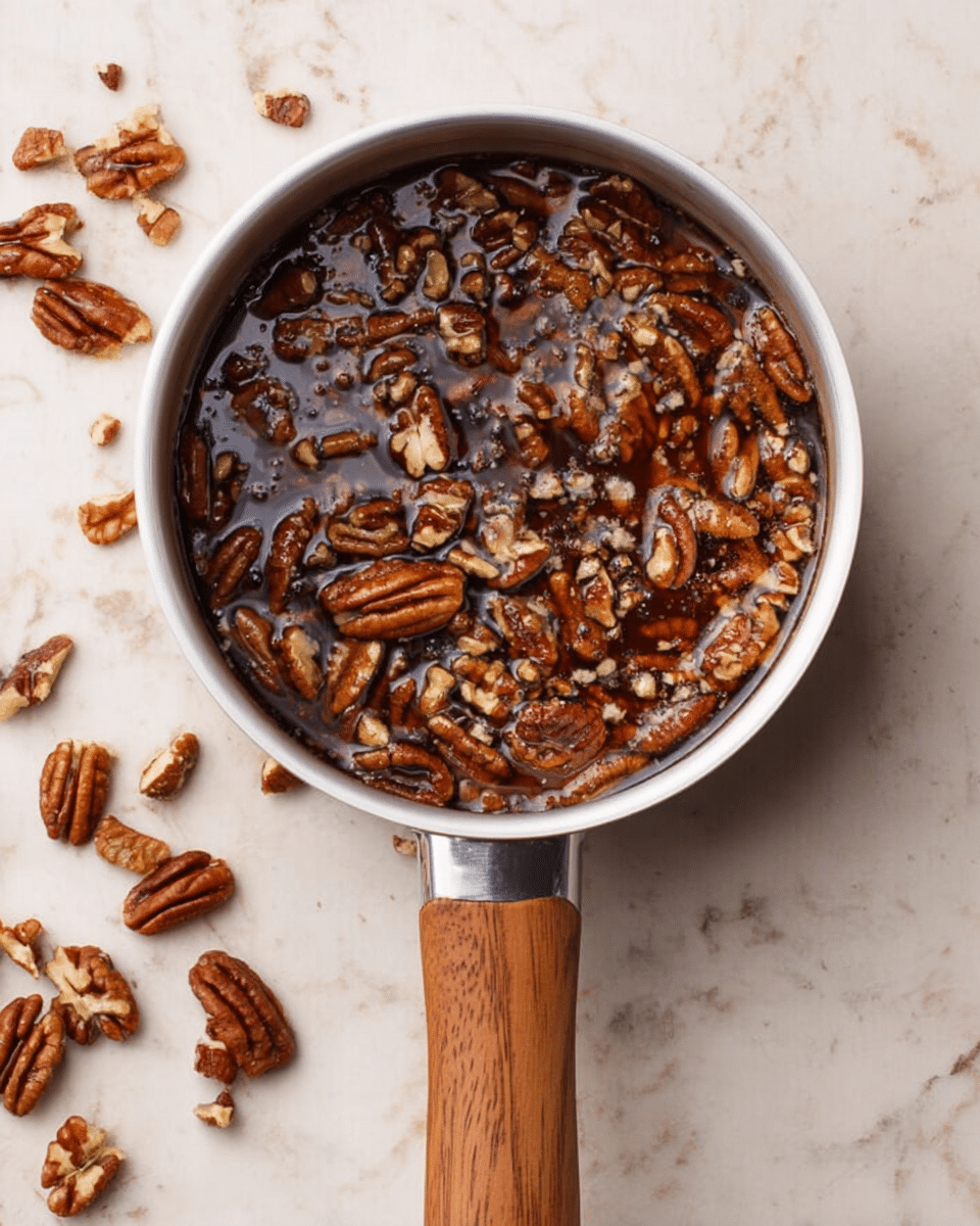A white saucepan with a wooden handle holds a mixture of whole and chopped pecans soaked in a dark, sticky syrup with a glossy texture. The pecans are evenly spread throughout the syrup, which fills the saucepan almost to the rim. Around the saucepan, a few loose pecan halves and pieces rest on a white marbled surface. photo taken with an iphone --ar 4:5 --v 7