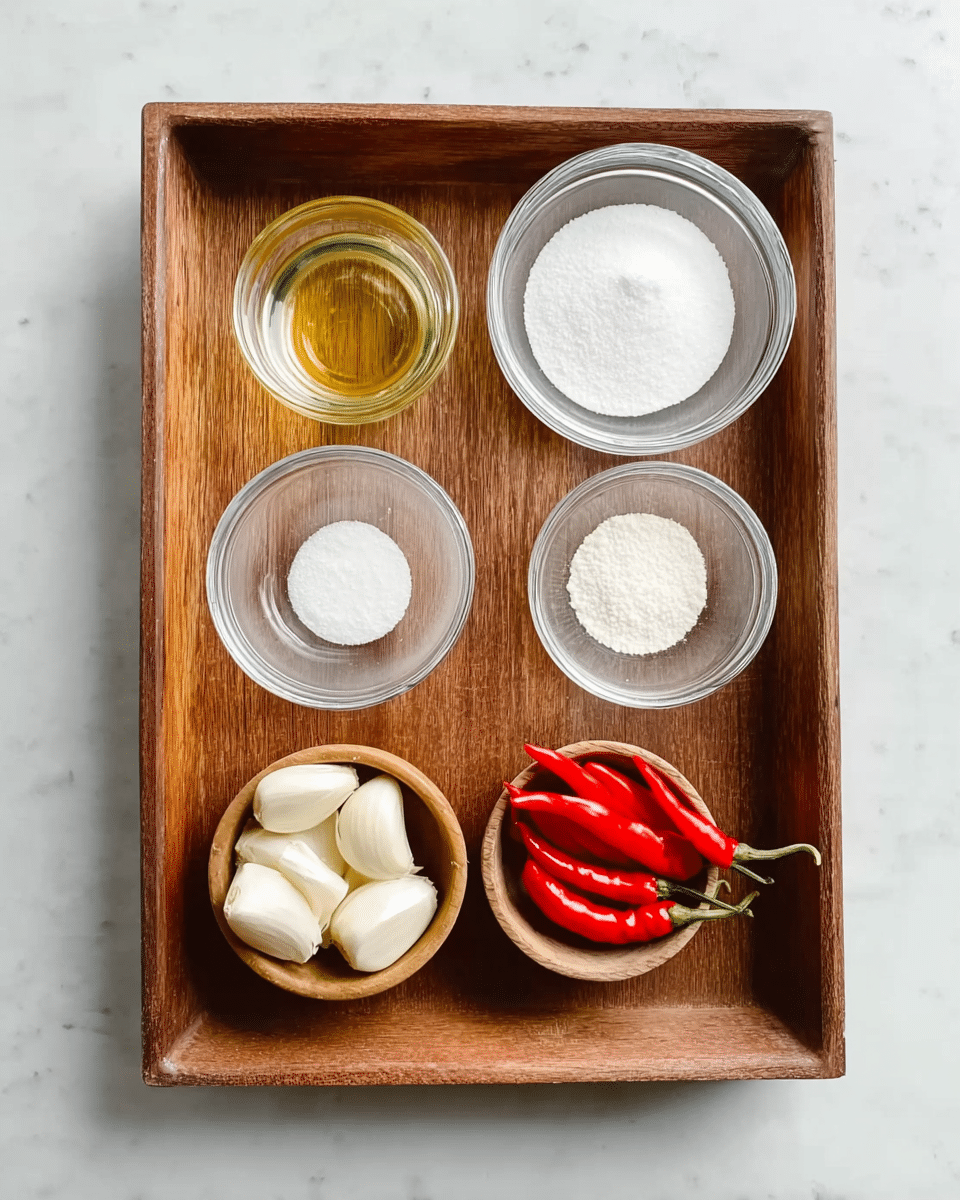 A wooden tray holds six small bowls on a white marbled surface. Starting from the top left, there is a clear glass bowl with a small amount of light yellow oil, next to it on the right is a white bowl with white granulated salt. Below them, in the middle left, there is a glass bowl full of white sugar, and next to it on the right is an empty clear glass bowl. To the right of the empty bowl is a smaller glass bowl containing white flour. At the bottom left, a white bowl contains five peeled garlic cloves, and next to it on the right is a small wooden bowl with five bright red chili peppers with green stems. Photo taken with an iphone --ar 4:5 --v 7