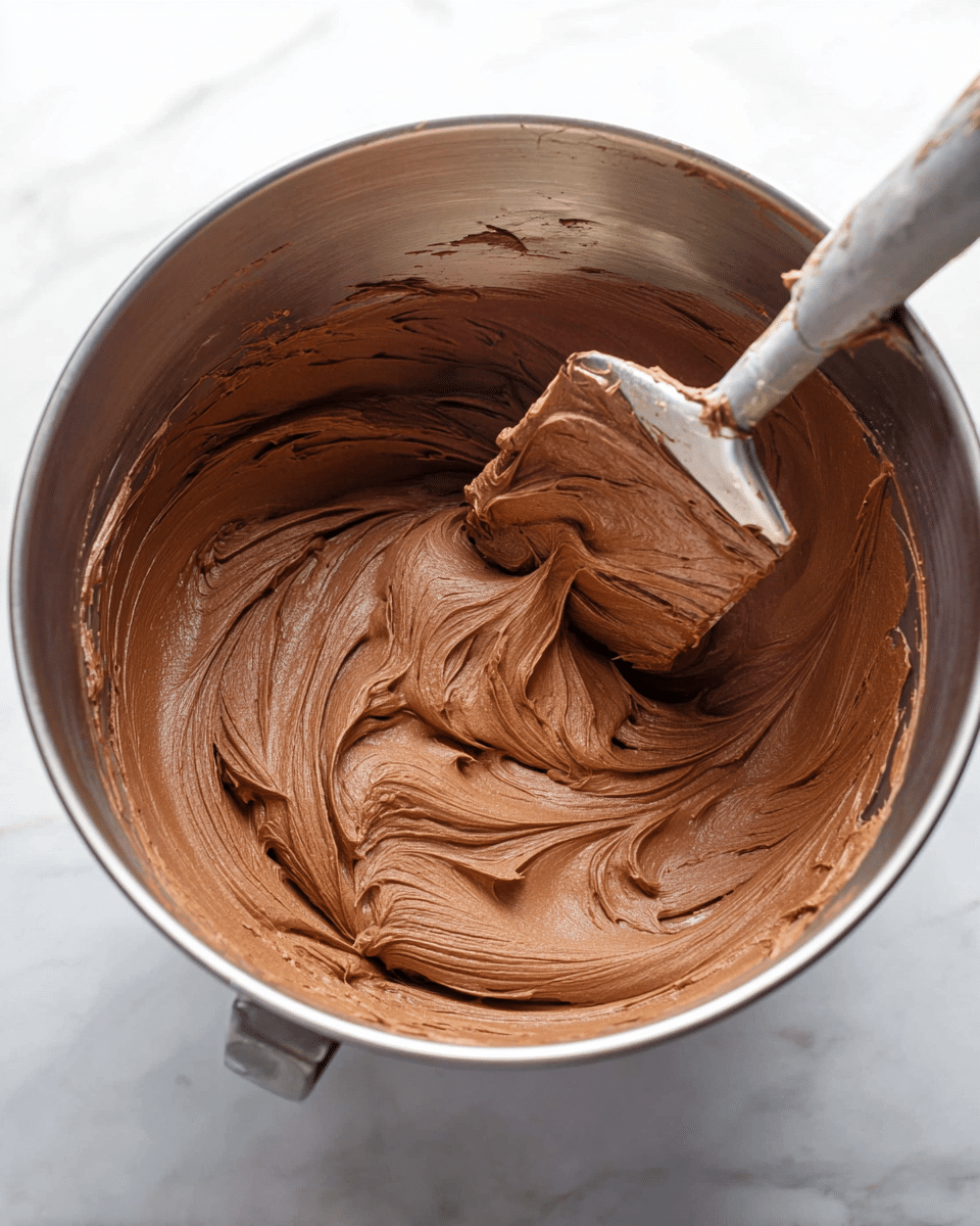Inside a large silver mixing bowl, thick and creamy chocolate frosting fills about half of the bowl. The frosting is smooth with swirls and soft peaks, showing a rich, dark brown color. A silver spatula with some frosting sticking to it rests inside the bowl, angled from the right side. The bowl sits on a white marbled surface. photo taken with an iphone --ar 4:5 --v 7