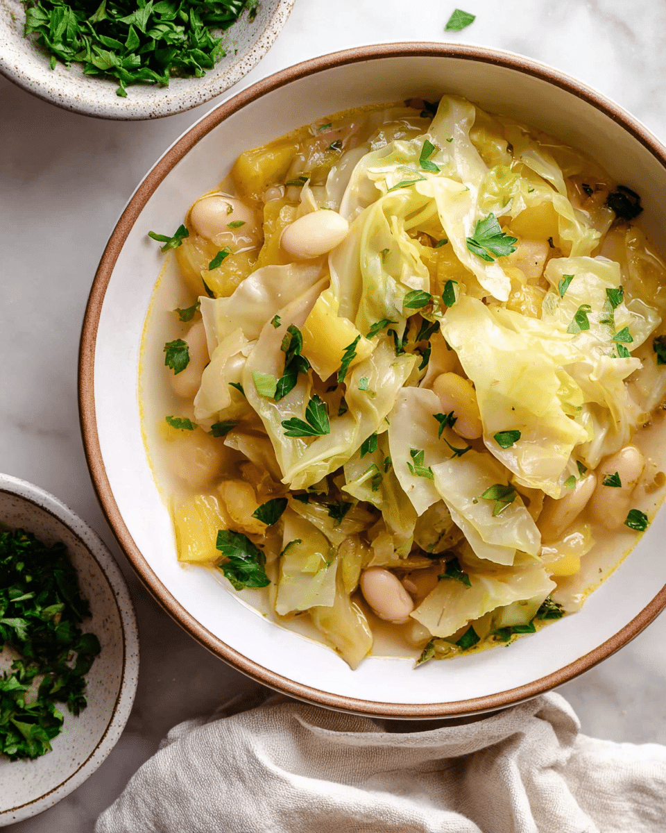 The dish is served in a round white bowl with a brown rim, filled with a light broth containing layers of light green cabbage pieces, soft white beans, and golden yellow potato chunks. The soup has a slightly clear broth with bits of herbs scattered throughout. Bright green chopped parsley is sprinkled over the top, adding a fresh pop of color. The bowl sits on a white marbled surface, with more chopped green herbs in a smaller matching bowl nearby and a light beige cloth to the side. photo taken with an iphone --ar 4:5 --v 7