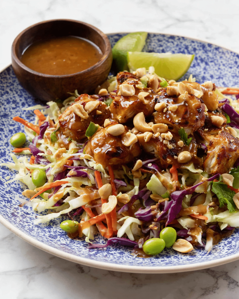 The dish shows a white plate with a blue pattern holding a colorful salad. At the bottom, there are shredded purple and white cabbage and thin carrot strips, forming a textured and colorful base. On top are brown, roasted pieces of chicken-like meat covered with a shiny light brown sauce. Bright green edamame beans and small chopped peanuts are scattered around, adding pops of green and beige. A small dark wooden bowl filled with more light brown sauce sits on the side. A lime wedge rests at the back, adding a fresh green color. The surface is a white marbled texture. photo taken with an iphone --ar 4:5 --v 7
