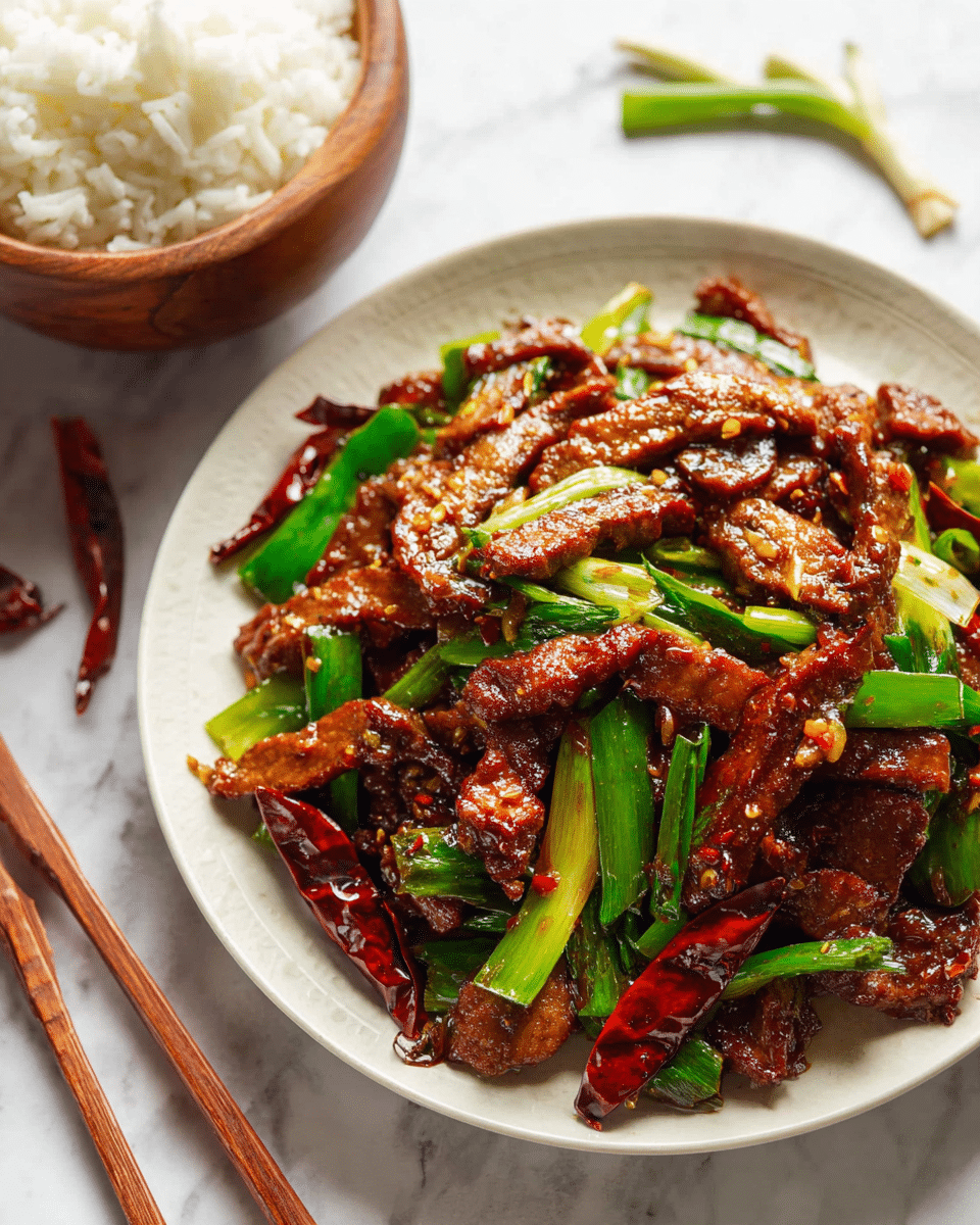 The dish shows many shiny, dark brown strips of cooked meat mixed with bright green slices of spring onions and whole dried red chili peppers scattered on top. The food is served on a white round plate placed on a white marbled surface. Behind the plate, there is a wooden bowl filled with white rice and a pair of chopsticks lying next to it, all set on the same surface. The colors are warm and inviting, with a glossy texture on the meat pieces and a fresh look on the vegetables. photo taken with an iphone --ar 4:5 --v 7
