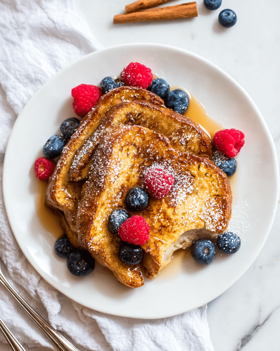 The dish shows three slices of golden brown French toast stacked irregularly on a white plate. The top slice has a small bite missing from the edge. The toast is glossy from syrup drizzled over it, with light dusting of powdered sugar. Scattered around and on top are fresh blueberries and raspberries, adding deep blue and red colors. The plate sits on a white marbled surface with a white cloth and a blue linen napkin underneath. There are cinnamon sticks and metal kitchen tongs placed near the plate. photo taken with an iphone --ar 4:5 --v 7