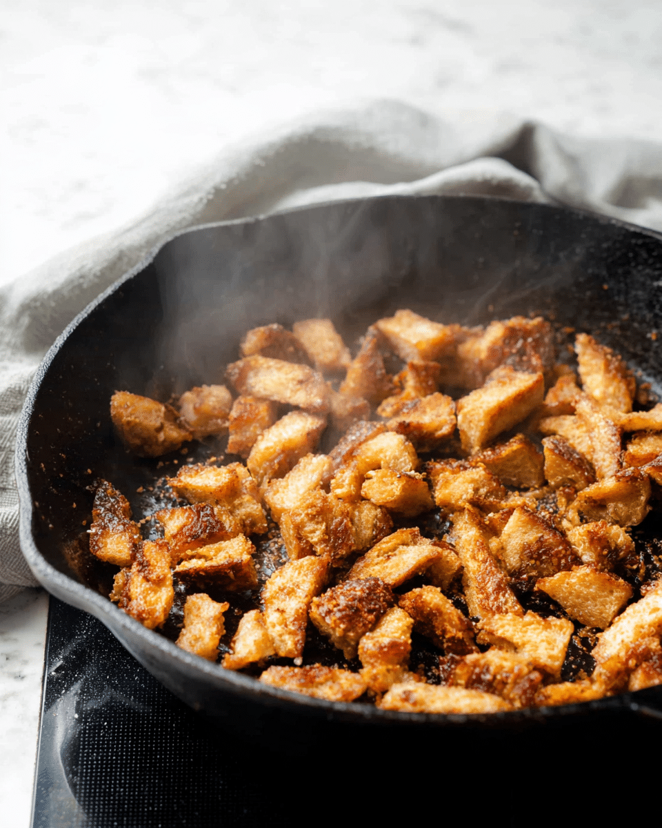 The image shows a black cast-iron pan filled with many small, irregular pieces of golden-brown cooked food that have a crispy texture. The pieces vary slightly in size and shape, with some showing a darker brown color at the edges, indicating they are well cooked. There is light steam rising from the pan, suggesting the food is hot. The pan sits on a black surface, and a soft, light gray cloth is partially visible in the background on a white marbled texture. The photo is bright and focused on the food in the pan. photo taken with an iphone --ar 4:5 --v 7