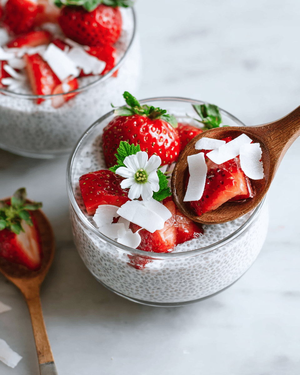 The image shows a clear glass bowl filled with a creamy white chia pudding base that has small chia seeds visible throughout. On top, there is a layer of fresh red strawberries, some whole with green stems and some sliced to show their juicy inside. Scattered over the strawberries are thin, white coconut flakes that add texture. A small white flower with green leaves is placed in the middle of the topping. The bowl sits on a white marbled surface and a wooden spoon is placed inside the bowl, with a woman's hand slightly holding the spoon’s handle. Another similar bowl is partially visible in the background, also placed on the white marbled surface. photo taken with an iphone --ar 4:5 --v 7