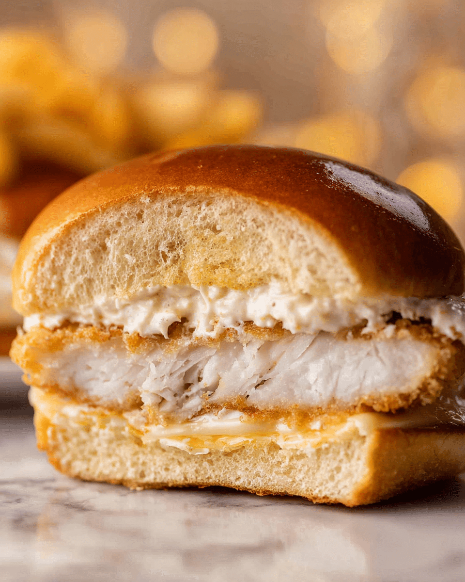 The image shows a close-up of a sandwich with two halves stacked vertically. The top half reveals the inside, consisting of a golden toasted bun with a soft texture, a fried white fish fillet layer that appears slightly flaky, and a layer of creamy white sauce spread lightly above the fish. The bottom half, visible from the outside, shows the shiny, smooth top of the toasted bun. The background has a soft bokeh effect with warm tones, and the sandwich rests on a white marbled surface. photo taken with an iphone --ar 4:5 --v 7