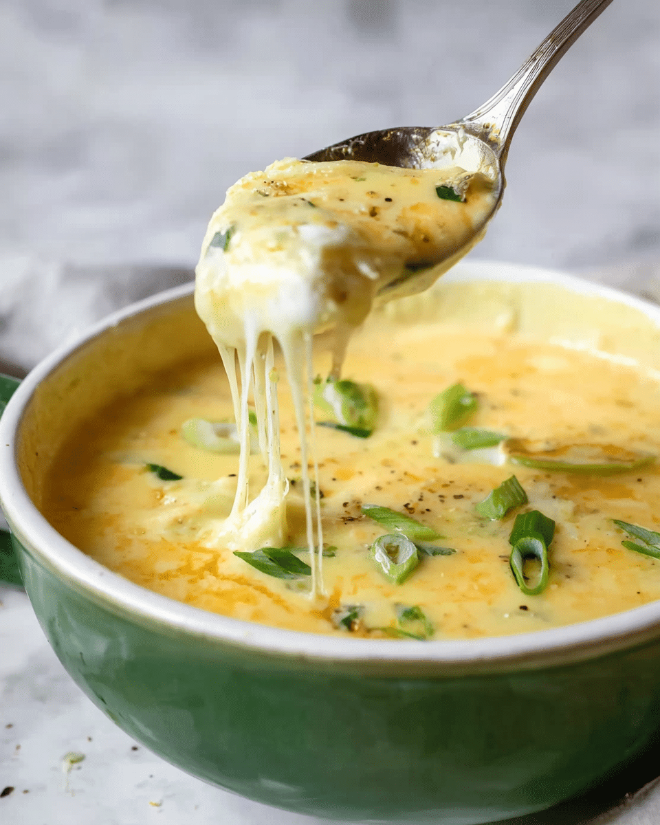 The image shows a close-up of a spoon lifting a creamy, cheesy soup from a white bowl with a green outer rim. The soup looks thick and rich with a smooth yellow creamy base that has melted cheese stretching from the spoon. On top of the soup, there are some small green garnish pieces like chopped herbs or green onions scattered over the surface. The background is a white marbled texture with soft light giving a fresh and inviting look. Photo taken with an iphone --ar 4:5 --v 7