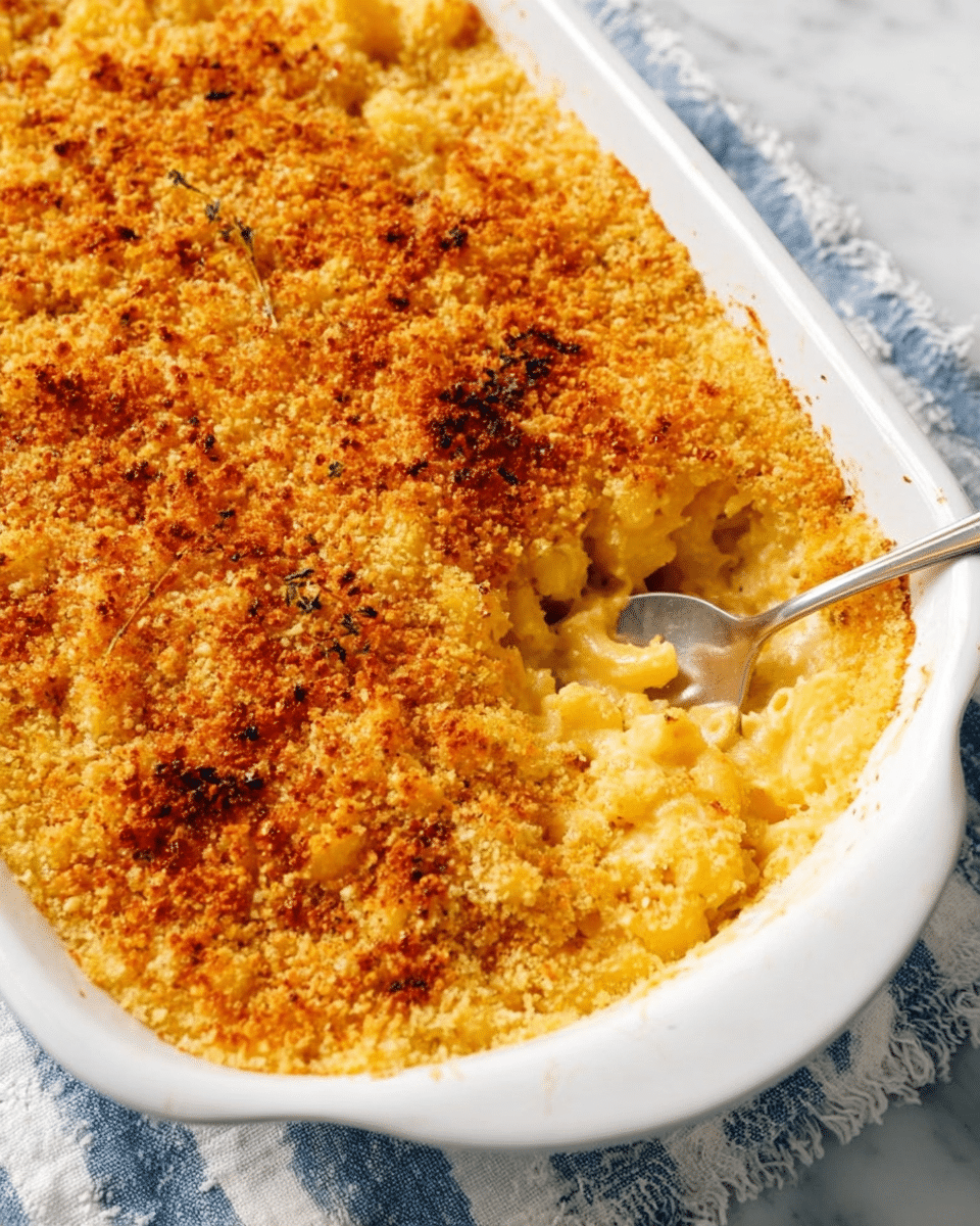 The image shows a close-up of a white oval baking dish filled with macaroni and cheese. The top layer is a golden brown, crunchy breadcrumb crust that covers the entire dish evenly. Below the crust, the creamy, light yellow macaroni pasta is visible where a spoon has scooped out a portion from the corner. The spoon has a silver handle and is placed inside the dish, partially submerged in the cheese sauce. The dish is placed on a white marbled surface with a blue and white striped cloth underneath it. photo taken with an iphone --ar 4:5 --v 7