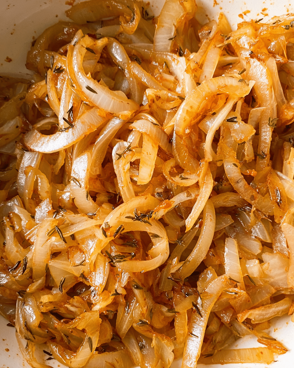 The image shows a close-up of cooked onions sliced into thin, long strips with a mix of orange and light brown colors. The onions have a soft, slightly shiny texture from being cooked with spices, giving them a warm, golden tone with small dark flecks of herbs spread throughout. The layers of the onion strips overlap and create a rich, textured surface filling the entire white dish beneath. The overall look is warm and savory with a glossy surface from the spices and oil. photo taken with an iphone --ar 4:5 --v 7