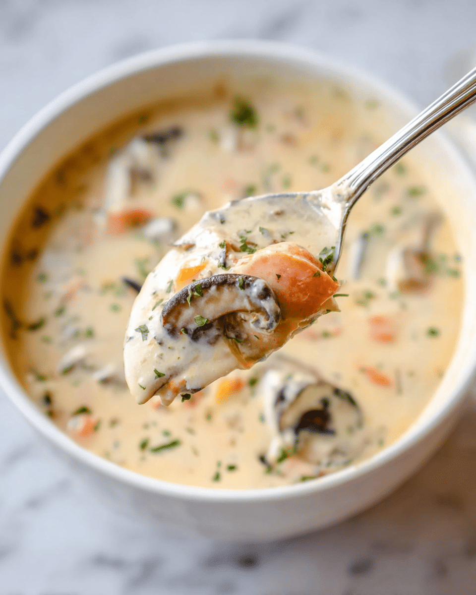 The image shows a close-up of creamy soup in a white bowl with a smooth light cream base filled with small pieces of orange carrots, dark brown mushrooms, and green herbs. The spoon lifts a scoop of thick soup containing visible chunks of carrots and mushrooms, showing the soup’s rich, creamy texture. The background is a white marbled surface, and the focus is on the soup’s creamy surface with scattered bits of herbs and vegetables. photo taken with an iphone --ar 4:5 --v 7