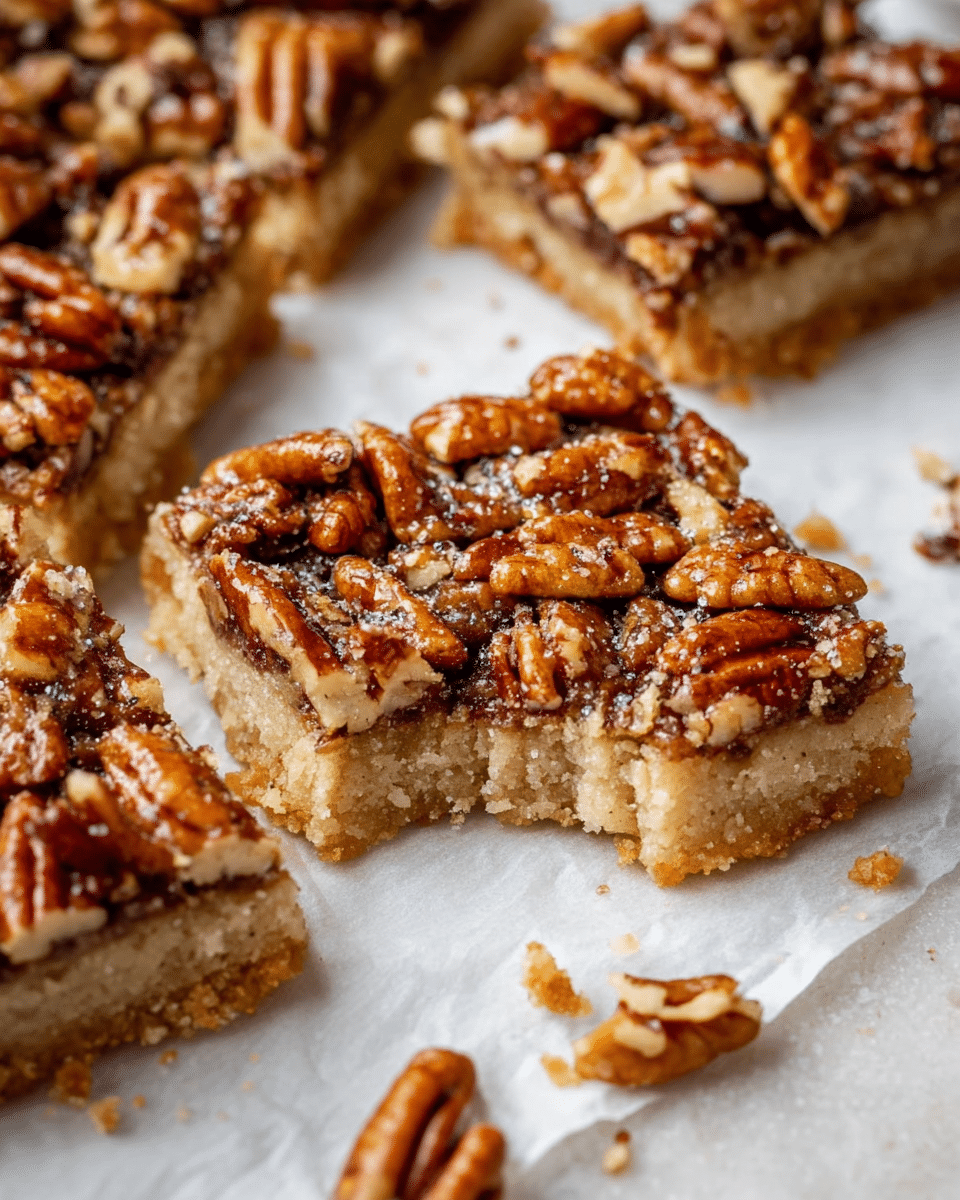 The image shows a close-up of nut bars with two clear layers. The bottom layer is a thick, light beige crust with a grainy texture. The top layer is dense and sticky, covered with whole pecans and walnut pieces that have a rich brown color and a glossy surface. The bars are cut into squares and placed on white parchment paper over a white marbled surface. One bar in the center has a bite taken out, showing the contrast between the crunchy nuts and crumbly base. Small bits of nuts and crumbs are scattered around the bars. photo taken with an iphone --ar 4:5 --v 7