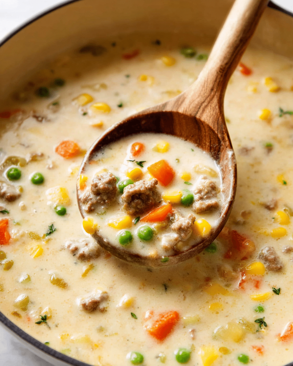 The image shows a creamy soup filled with three main layers of ingredients: the light beige creamy broth as the base, small brown meat pieces floating throughout, and mixed vegetables including bright orange carrots, yellow corn, and green peas scattered evenly. A wooden spoon dips into the soup, holding a close-up view of these layers which display a soft, slightly thick texture. The background shows a white marbled surface. The photo taken with an iphone --ar 4:5 --v 7