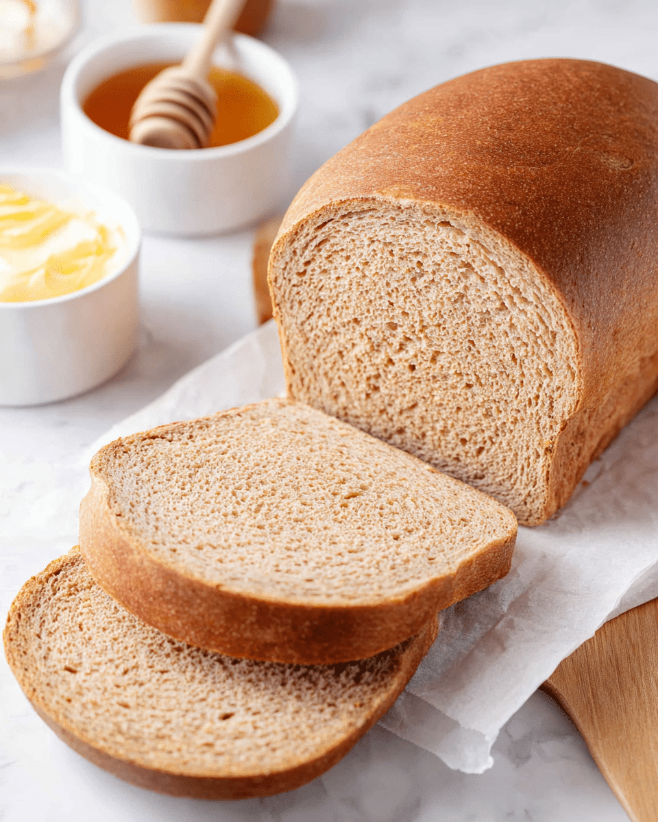 The image shows a loaf of light brown whole wheat bread with a smooth, slightly shiny crust. Two slices are placed in front of the loaf, showing a soft and even crumb with small holes inside. The bread rests on a wooden board partially covered by white parchment paper on a white marbled surface. On the upper left side, there are two small white containers, one holding a light yellow butter spread and the other with honey and a wooden honey dipper inside. The scene is bright and clean with soft shadows. photo taken with an iphone --ar 4:5 --v 7