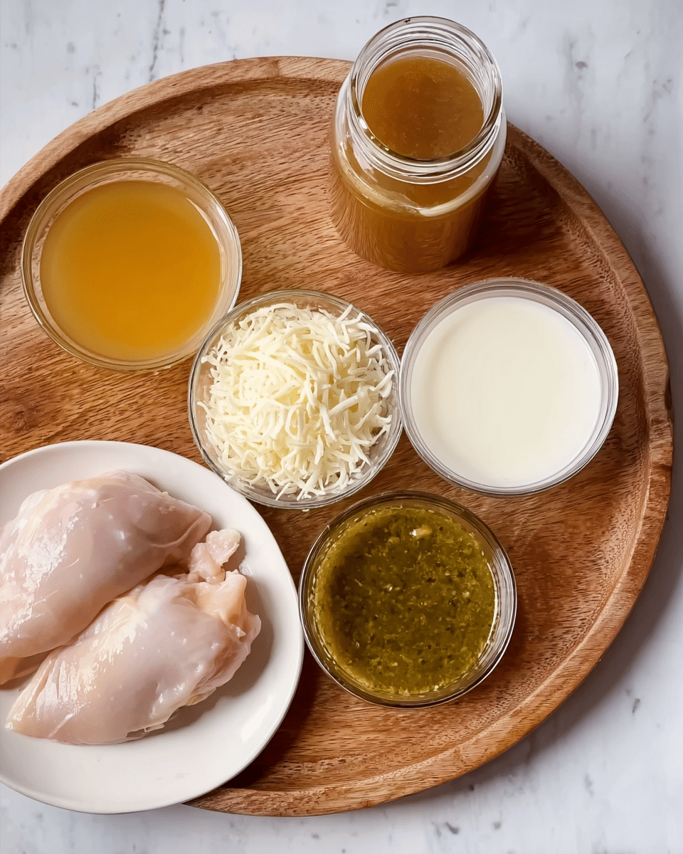 The image shows a round wooden tray on a white marbled surface holding five containers with different ingredients, alongside a white plate with two raw chicken pieces at the bottom left. On the tray, from bottom right to top left, there is a small clear bowl with yellowish-brown liquid, a small clear bowl filled with white shredded cheese, a small white bowl with green sauce, a clear glass bowl filled with white liquid, and a tall glass jar filled with brown liquid. The ingredients contrast with the warm wood tone of the tray and the smooth white surface underneath, creating a clean and inviting setup. photo taken with an iphone --ar 4:5 --v 7