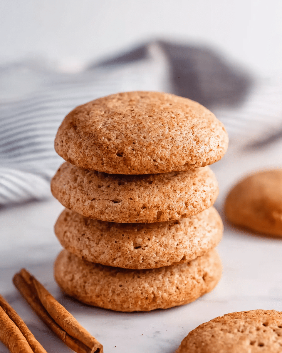 The image shows a stack of four round, light brown cookies with a slightly rough texture and small holes on their surface, sitting on a white marbled surface. Next to the stack lies a single cookie, similar in color and texture, flat and fully visible. In the background, there is a blurred striped cloth and two cinnamon sticks placed beside it, adding a warm tone to the scene. The photo is taken with an iphone --ar 4:5 --v 7