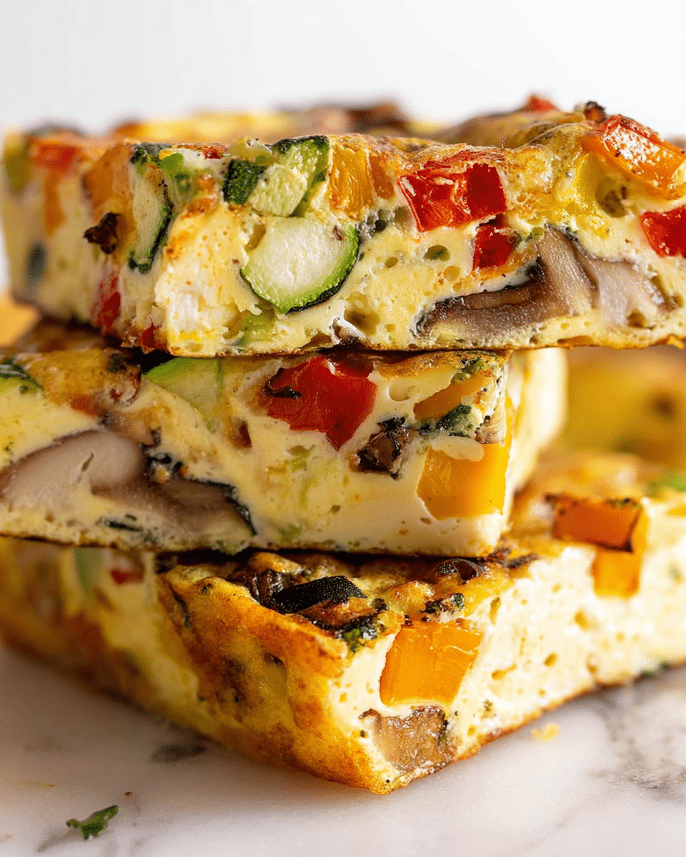 The image shows a stack of three thick frittata slices placed on a white marbled surface. Each slice has a light yellow base with visible chunks of vegetables inside; the top slice has pieces of green zucchini, orange squash, and red bell pepper scattered throughout. The middle slice reveals similar ingredients with slightly darker edges and some browned bits on the surface. The bottom slice has a golden-brown crust and slightly crispy edges, with a fluffy interior. The layers highlight the colorful vegetables embedded in the egg mixture. Photo taken with an iphone --ar 4:5 --v 7