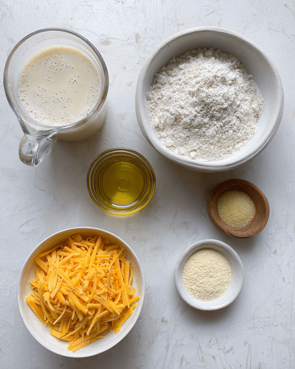 The image shows a white marbled surface with several small containers holding different ingredients. At the bottom left, there is a white bowl filled with shredded orange cheese. Above it, there is a small glass jar with golden yellow oil. To the right of the jar, a white bowl contains white flour with a slightly lumpy texture. Near the top left, a clear measuring jug holds a frothy, creamy liquid. To the right side, a small round wooden bowl has coarse white salt. At the bottom right, a small white dish displays two powders side by side: a pale yellow granular powder and a fine white powder. photo taken with an iphone --ar 4:5 --v 7