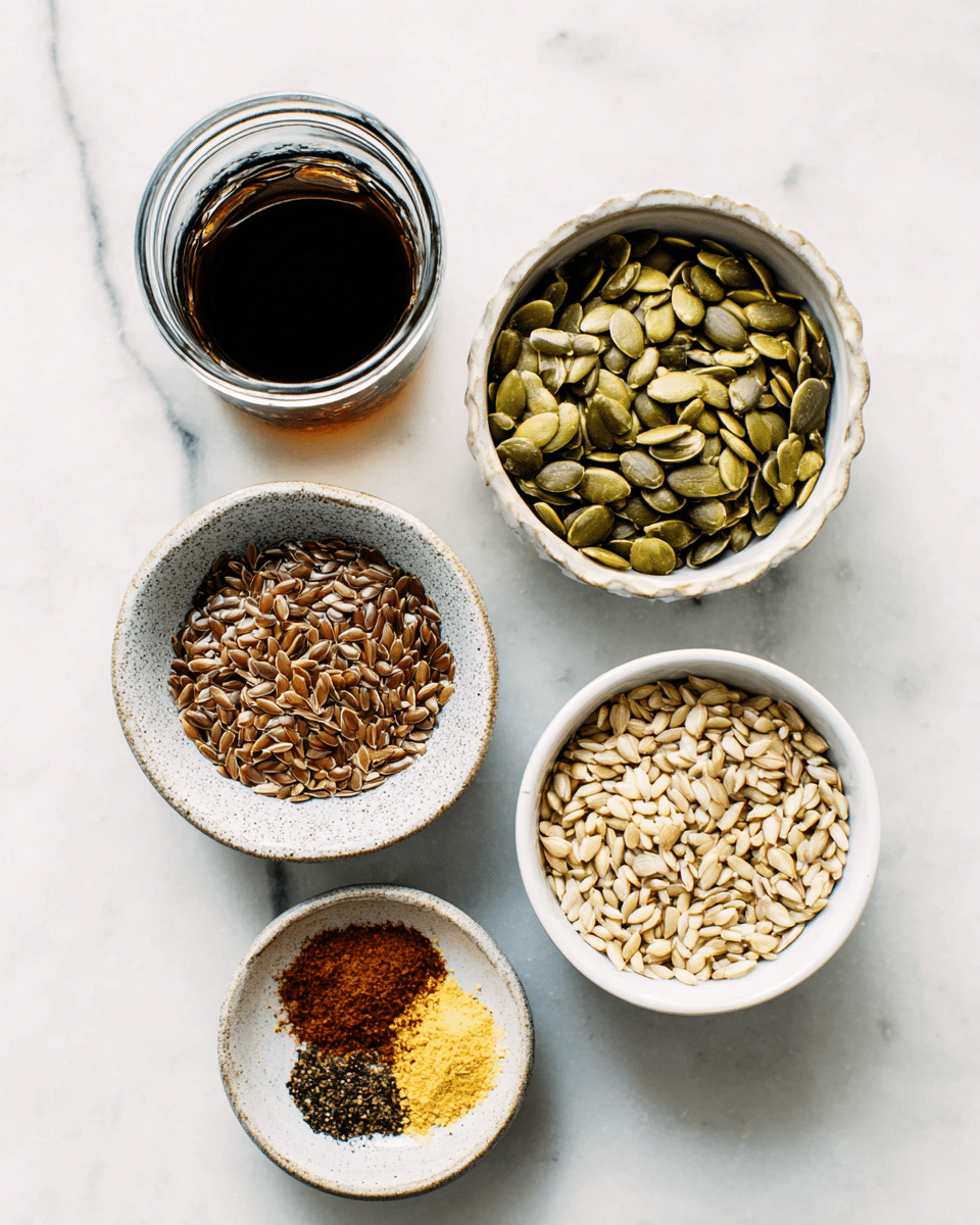 The image shows five containers placed on a white marbled surface. At the top center, there is a glass jar filled with dark brown liquid. To the right of the jar is a white bowl full of green pumpkin seeds. Below that bowl, on the bottom right, there is a white bowl containing light beige sunflower seeds. On the bottom left, a white bowl is divided between brown flaxseeds on one side and pale sesame seeds on the other side. Lastly, on the top left, a textured white bowl holds three different spices in small piles: rusty red, mustard yellow, and dark brown. Photo taken with an iphone --ar 4:5 --v 7